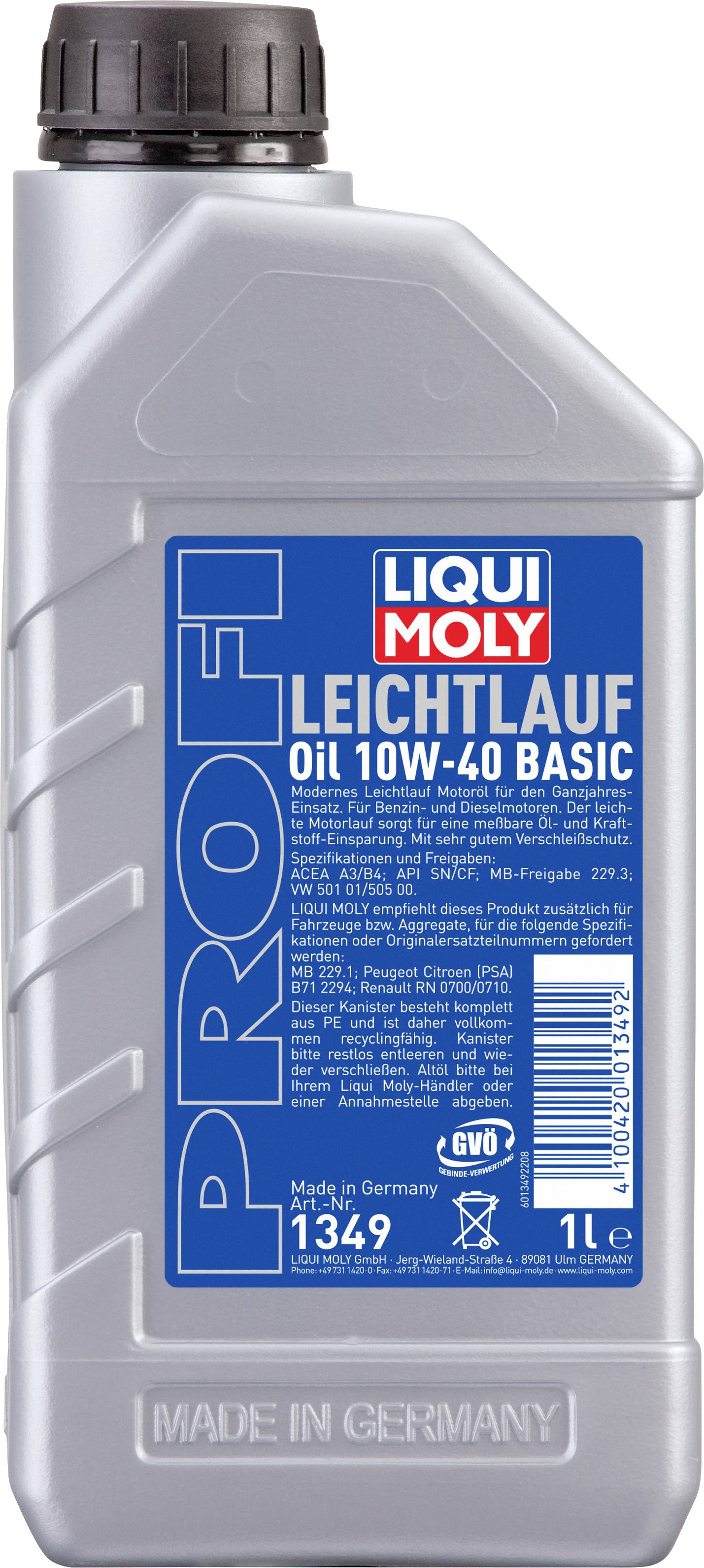 Une bouteille d'huile moteur avec une étiquette bleue de la marque Liqui Moly. Inscription : « PROFI LEICHTLAUF Huile 10W-40 BASIC ». Contenance de 1 litre.
