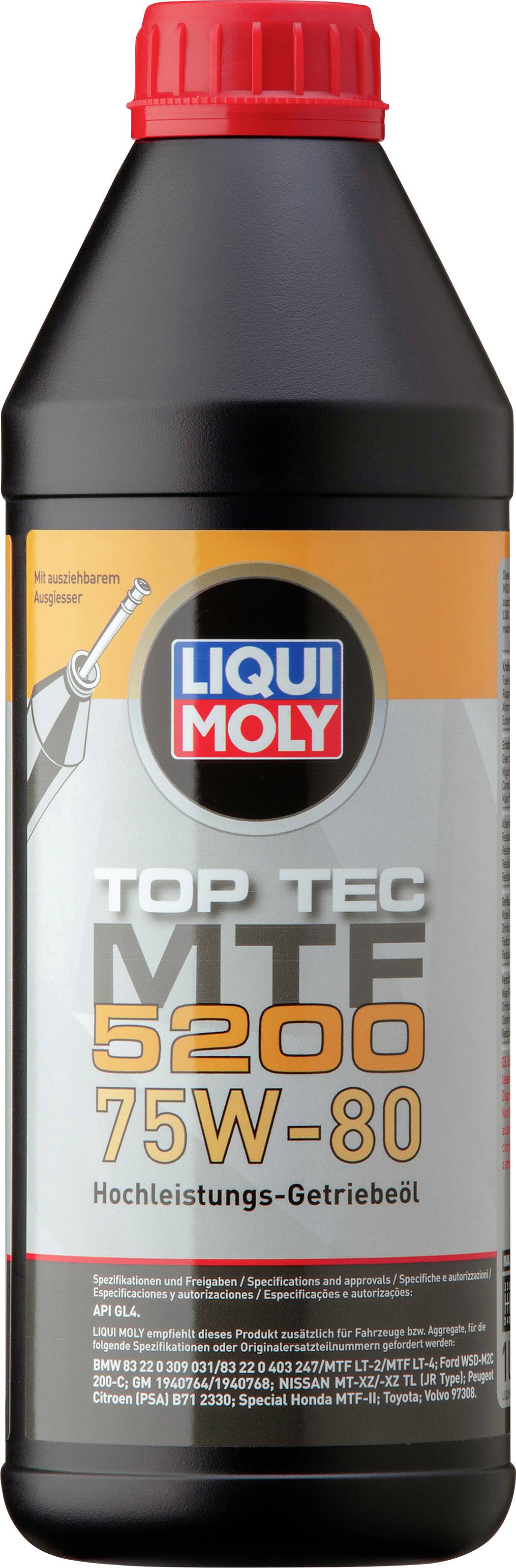 Une bouteille noire d'huile Liqui Moly avec un bouchon rouge. Sur l'étiquette, il est écrit "Top Tec MTF 5200 75W-80 Huile de transmission haute performance".