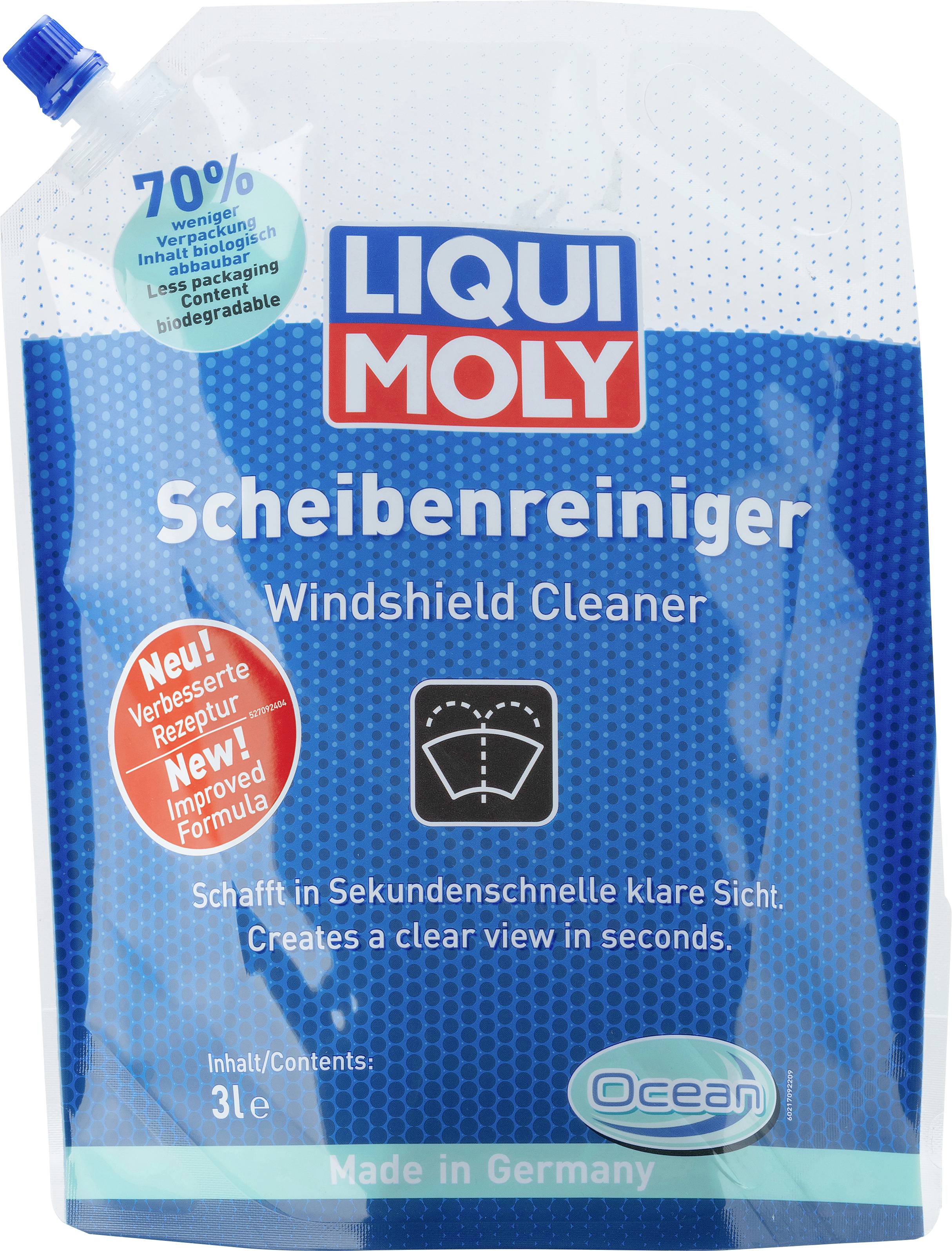 Un sachet bleu de 'Nettoyant pour pare-brise LIQUI MOLY' et '70% biodégradable'. Contenance : 3 litres. Favorise une vision claire.