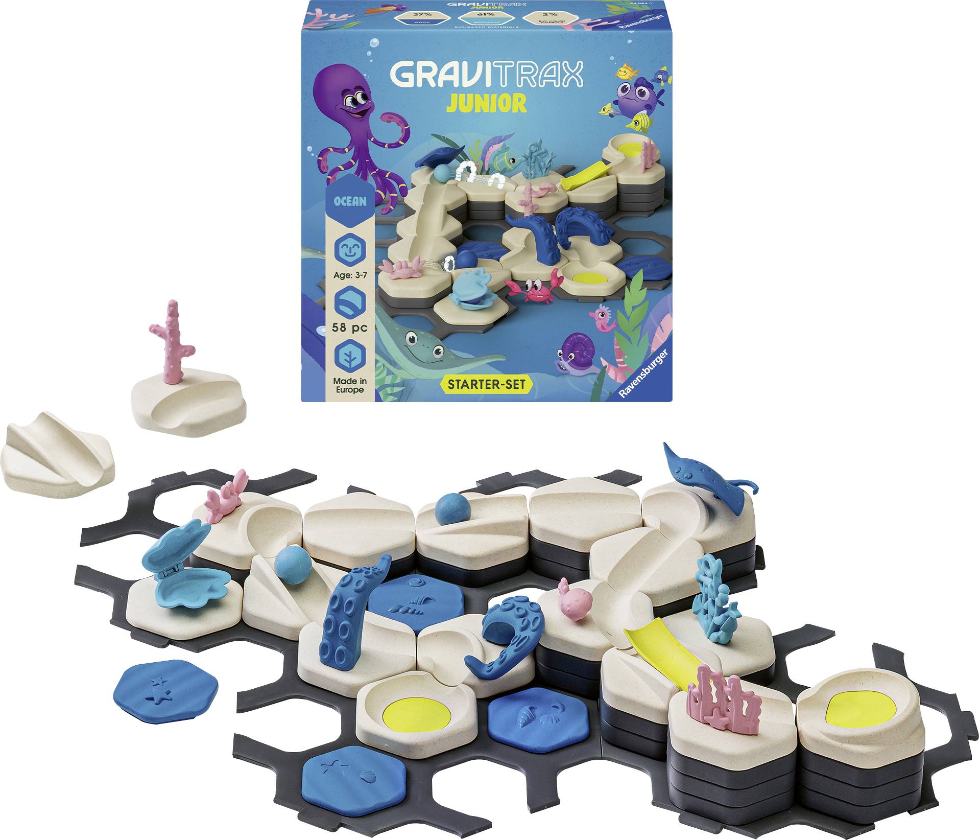 'GraviTrax Junior' Ensemble de démarrage pour enfants à partir de 3 ans sur le thème de l'océan. Comprend une piste avec des éléments bleus, jaunes et roses.