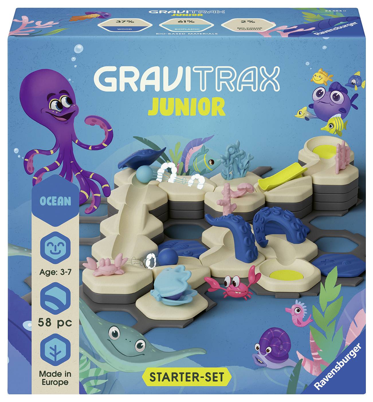 Emballage de jouet du kit de démarrage 'GraviTrax Junior' sur le thème de l'océan, pour enfants de 3 à 7 ans, 58 pièces, fabriqué en Europe.