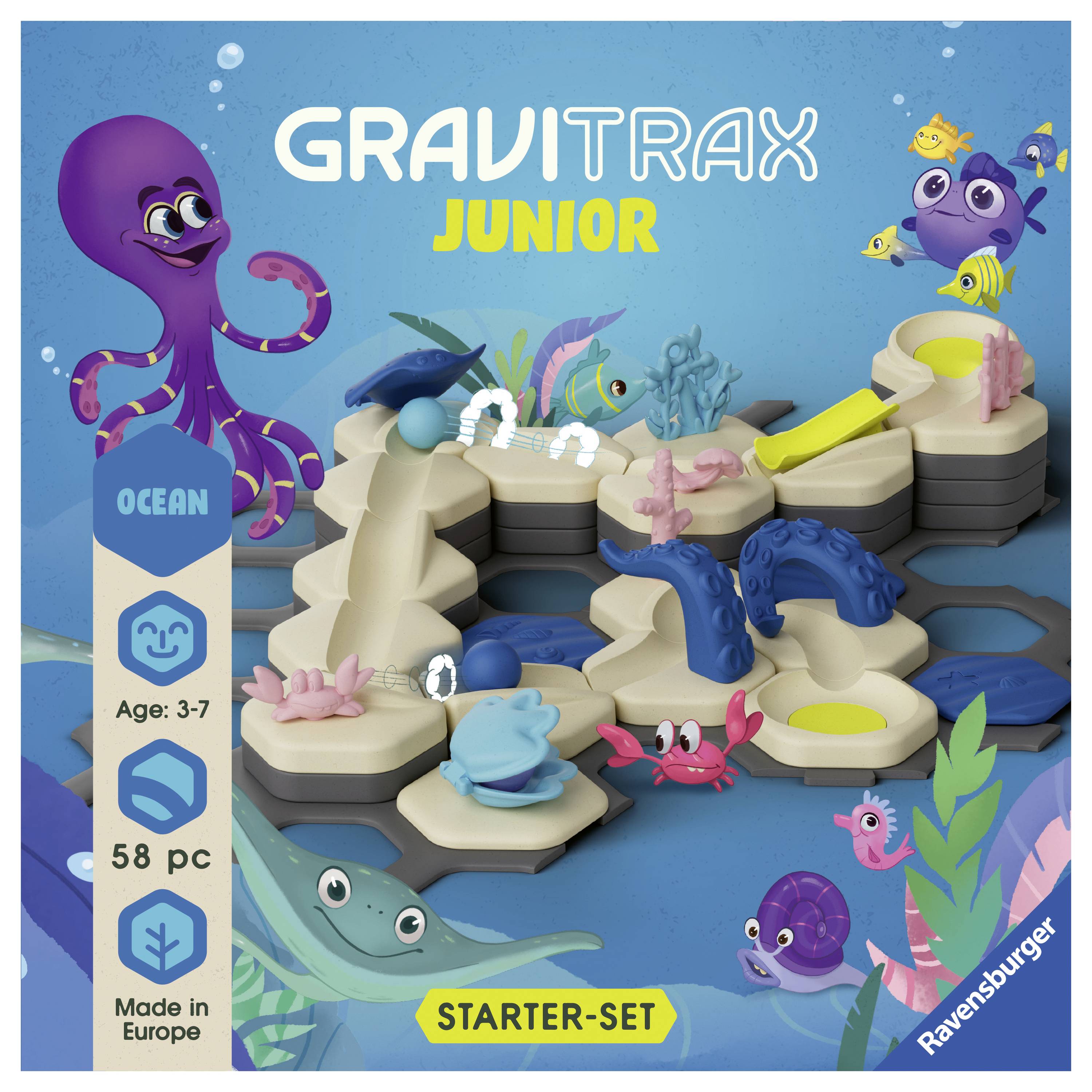 Ensemble de départ GraviTrax Junior de Ravensburger. Contient 58 pièces. Adapté aux enfants de 3 à 7 ans. Thème : Océan.
