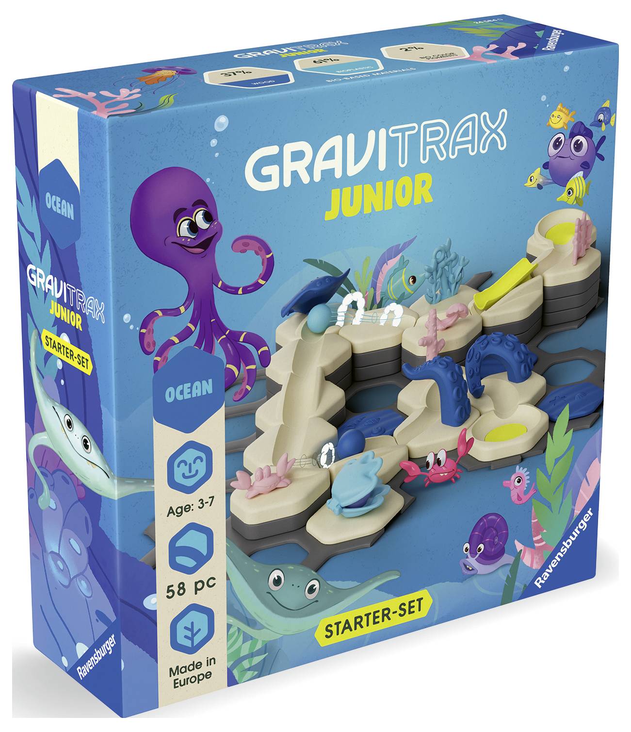 Spielbox 'GraviTrax Junior Starter-Set Ocean' pour enfants âgés de 3 à 7 ans. Contient 58 pièces sur le thème de l'océan, fabriqué en Europe.