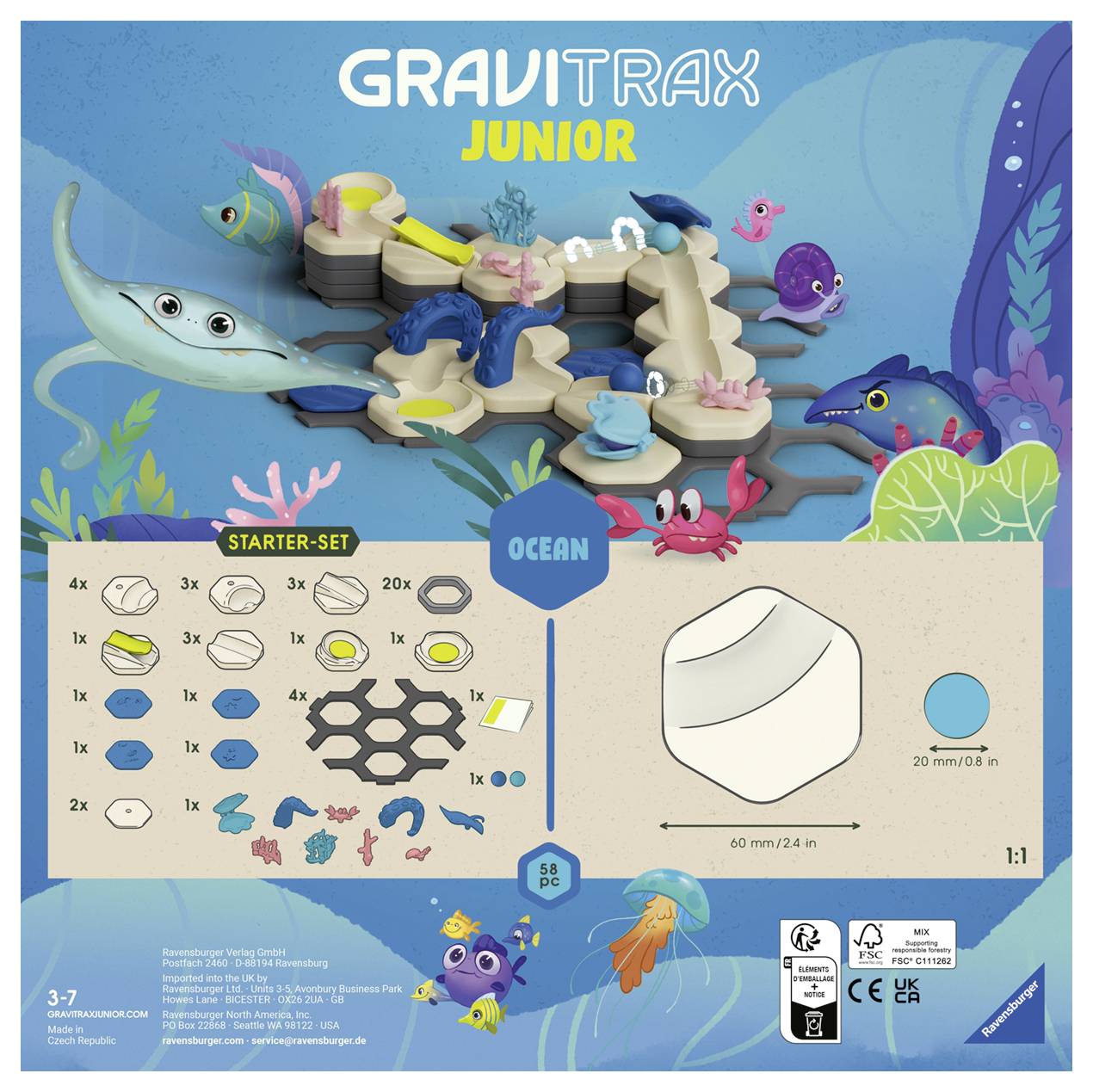 Emballage 'GraviTrax Junior Starter-Set Océan'. Présente le contenu du jeu et une image d'un circuit de billes sur le thème de la mer. Contient 4 pierres de base, 3 éléments de connexion, 2 billes. Âge 3-7.
