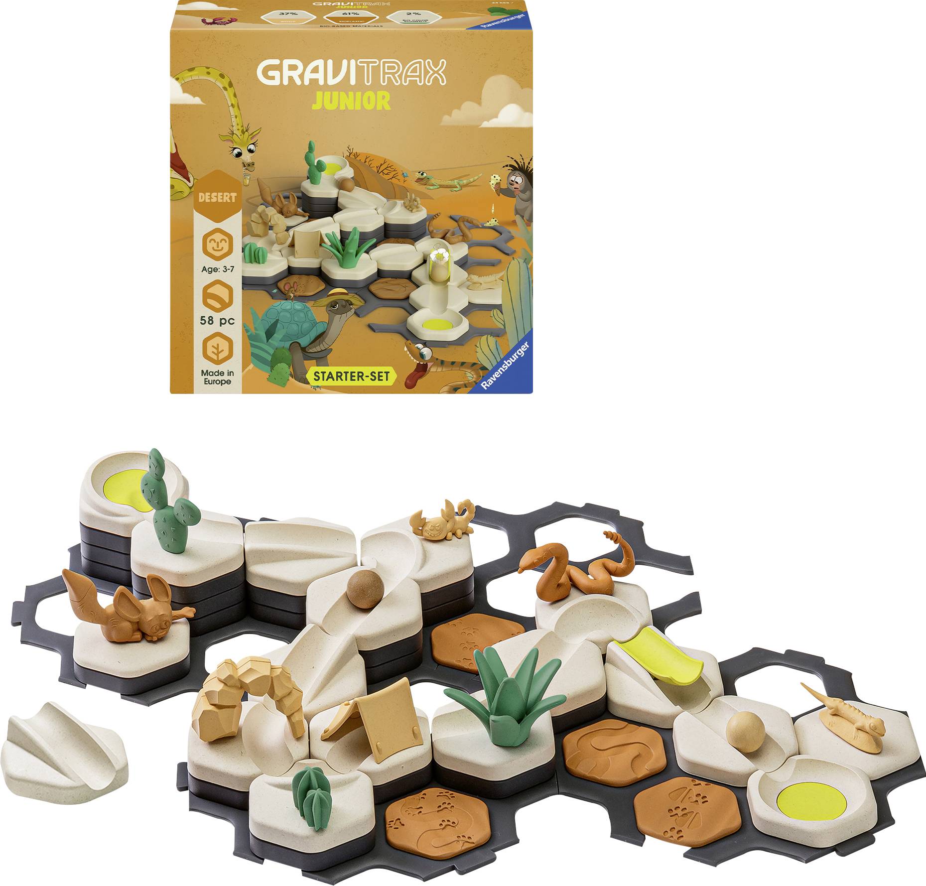 Set de jeu 'GraviTrax Junior' sur le thème du désert. Comprend 58 pièces pour les enfants à partir de 3 ans. Diverses figurines d'animaux et éléments de paysage.