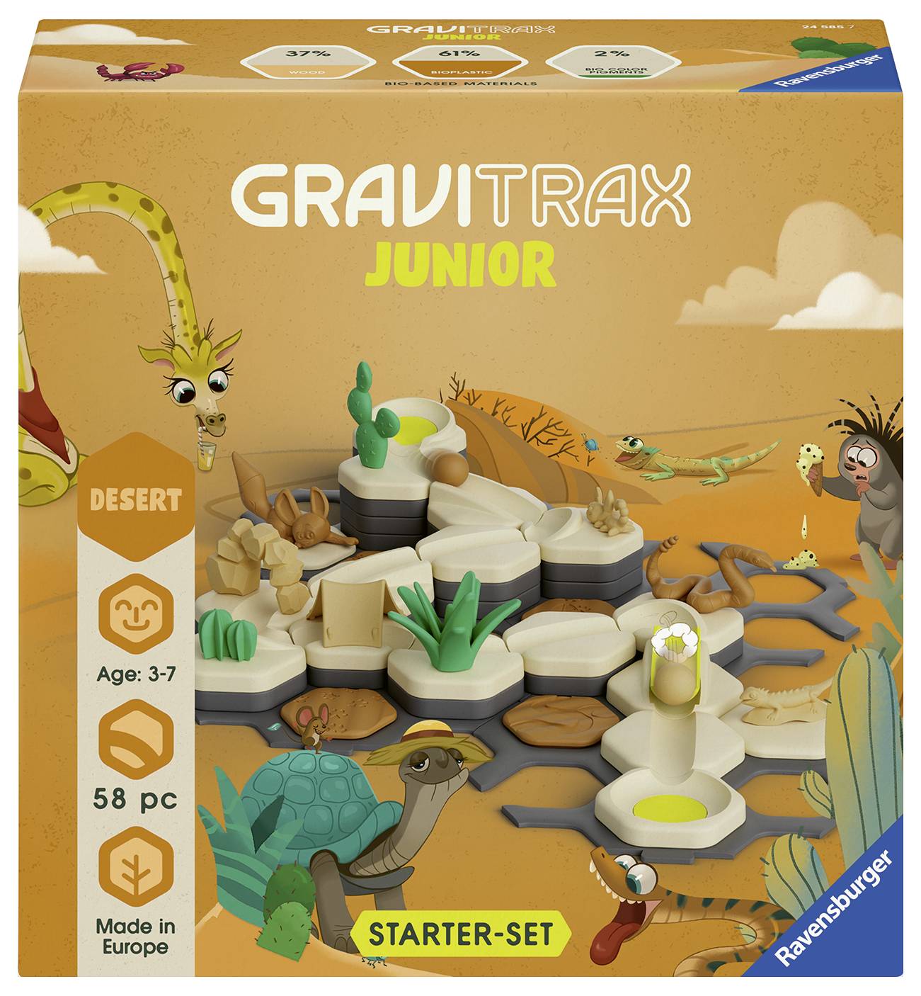 'GraviTrax Junior Désert Ensemble de Démarrage' avec 58 pièces pour enfants âgés de 3 à 7 ans. Motif principal : Figurines d'animaux sur un paysage désertique.