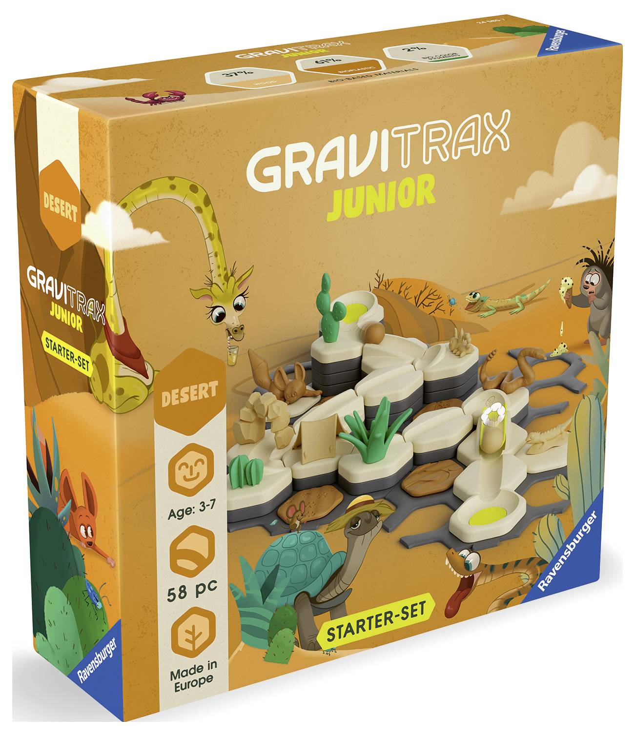 L'emballage du 'GraviTrax Junior Starter-Set' présente un paysage désertique avec des animaux, des rails et un circuit à billes conçu pour les enfants âgés de 3 à 7 ans.