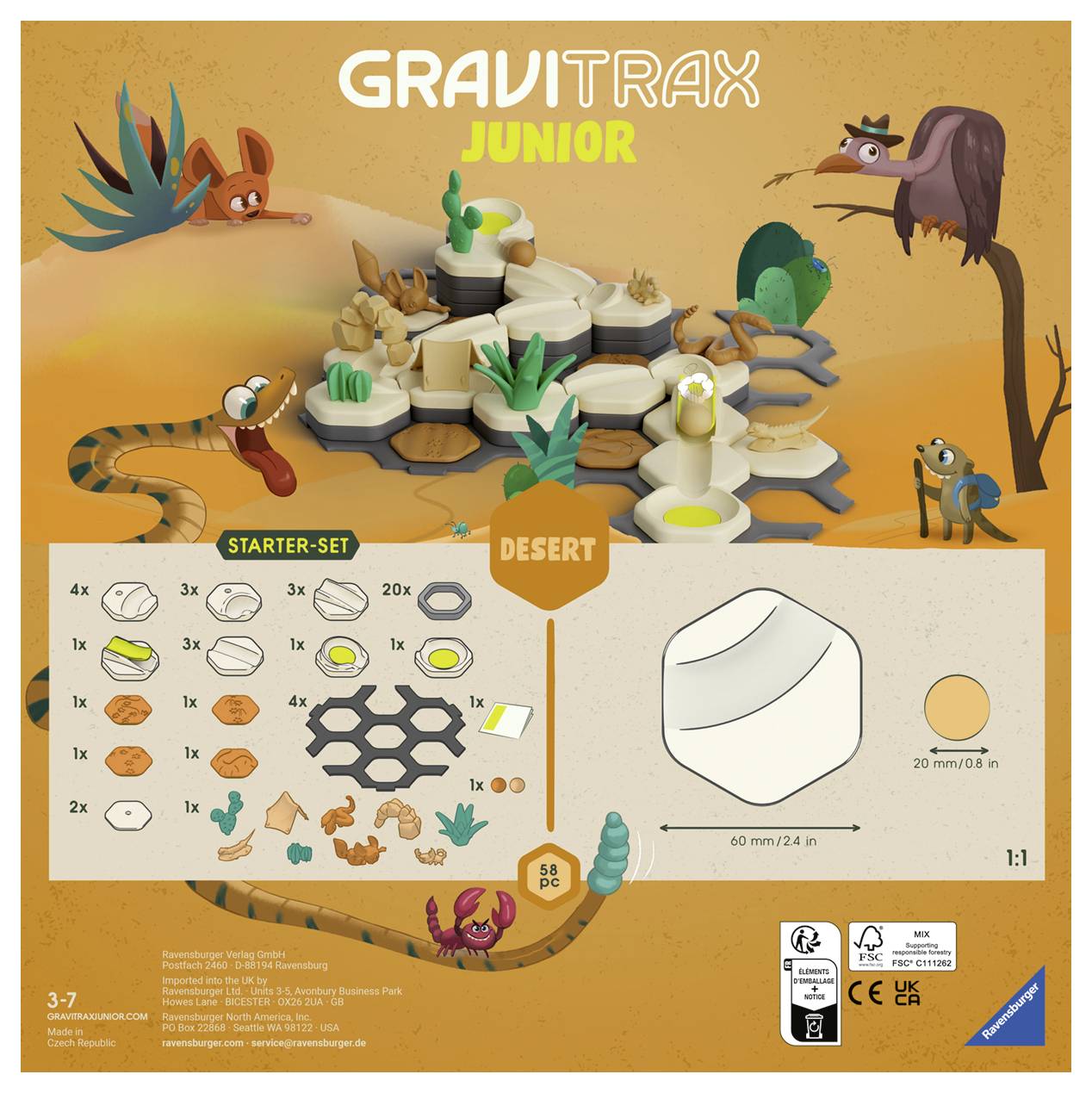 Ensemble de départ GraviTrax Junior Désert : Illustration d'un set de jeu avec des composants. Comprend des animaux et un paysage désertique comme motif thématique. Inclut une liste des pièces et les dimensions.