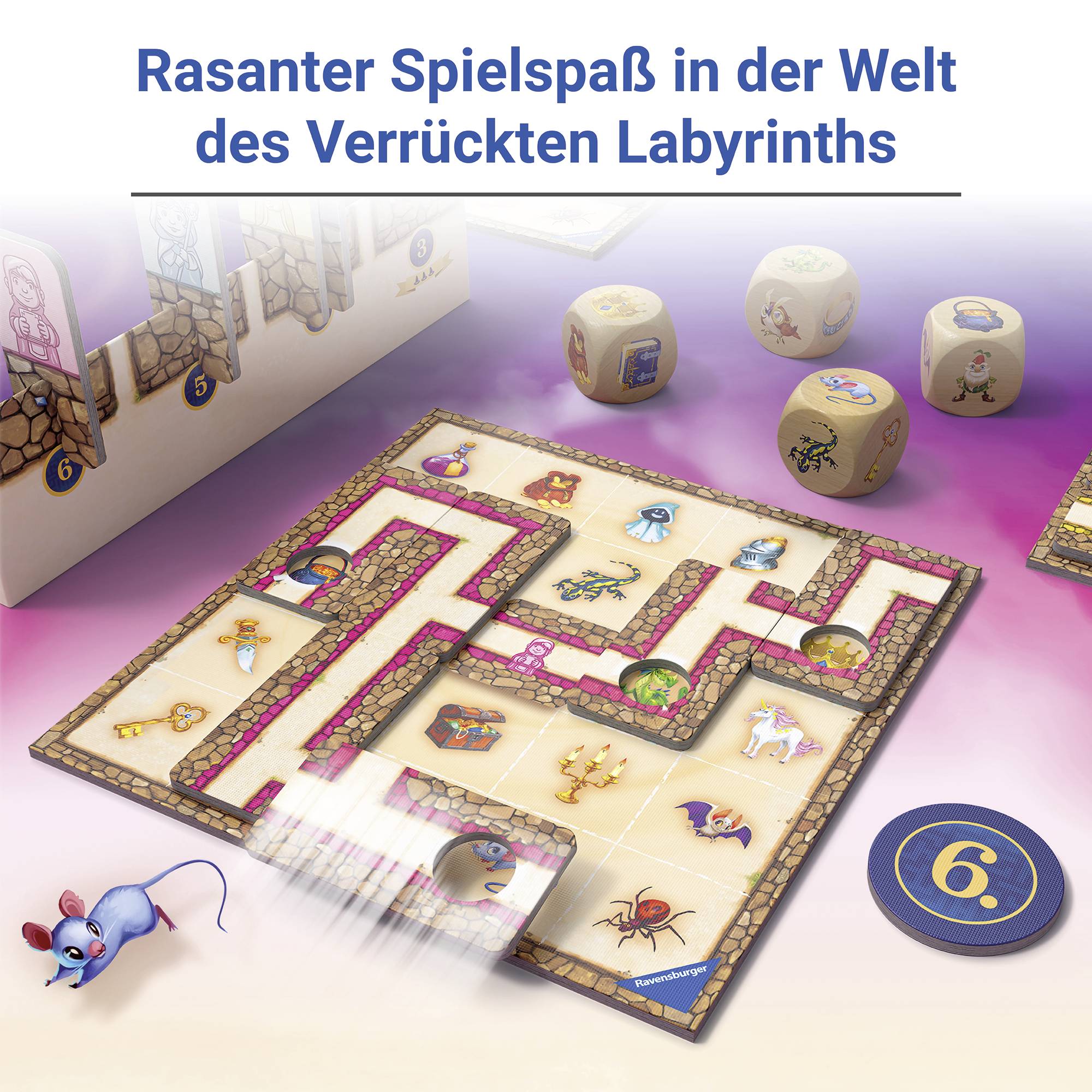 Jeu de société 'Le Labyrinthe Fou' : Un labyrinthe coulissant avec des trésors et des figurines, des dés et des cartes de jeu.