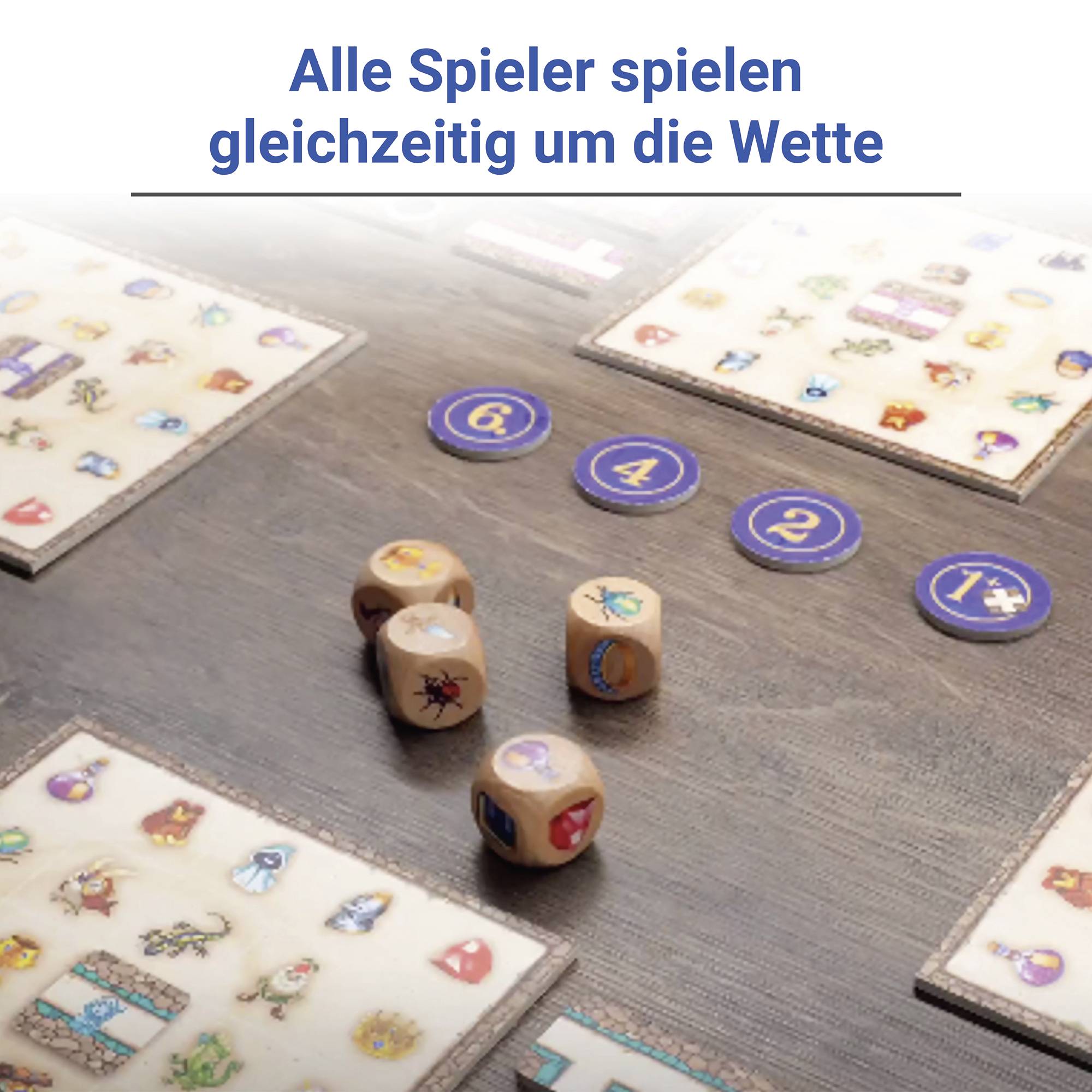 Jeu de société avec des symboles colorés et des dés sur une table. Texte en haut : 'Tous les joueurs s'affrontent simultanément'.