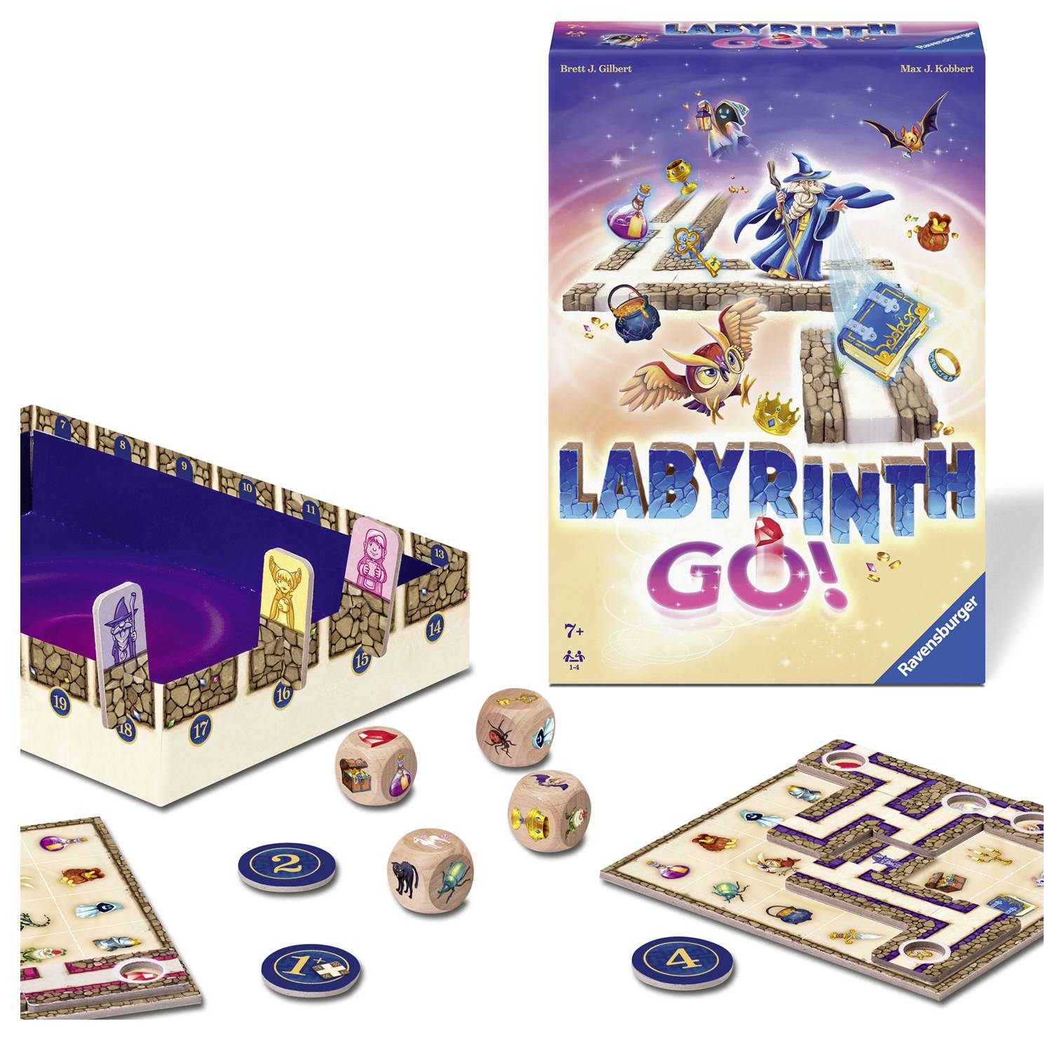 L'image montre le jeu de société 'Labyrinth GO!'. Il comprend des dés, des plateaux de jeu et des jetons. Sur la boîte est représentée une paysage de labyrinthe magique.