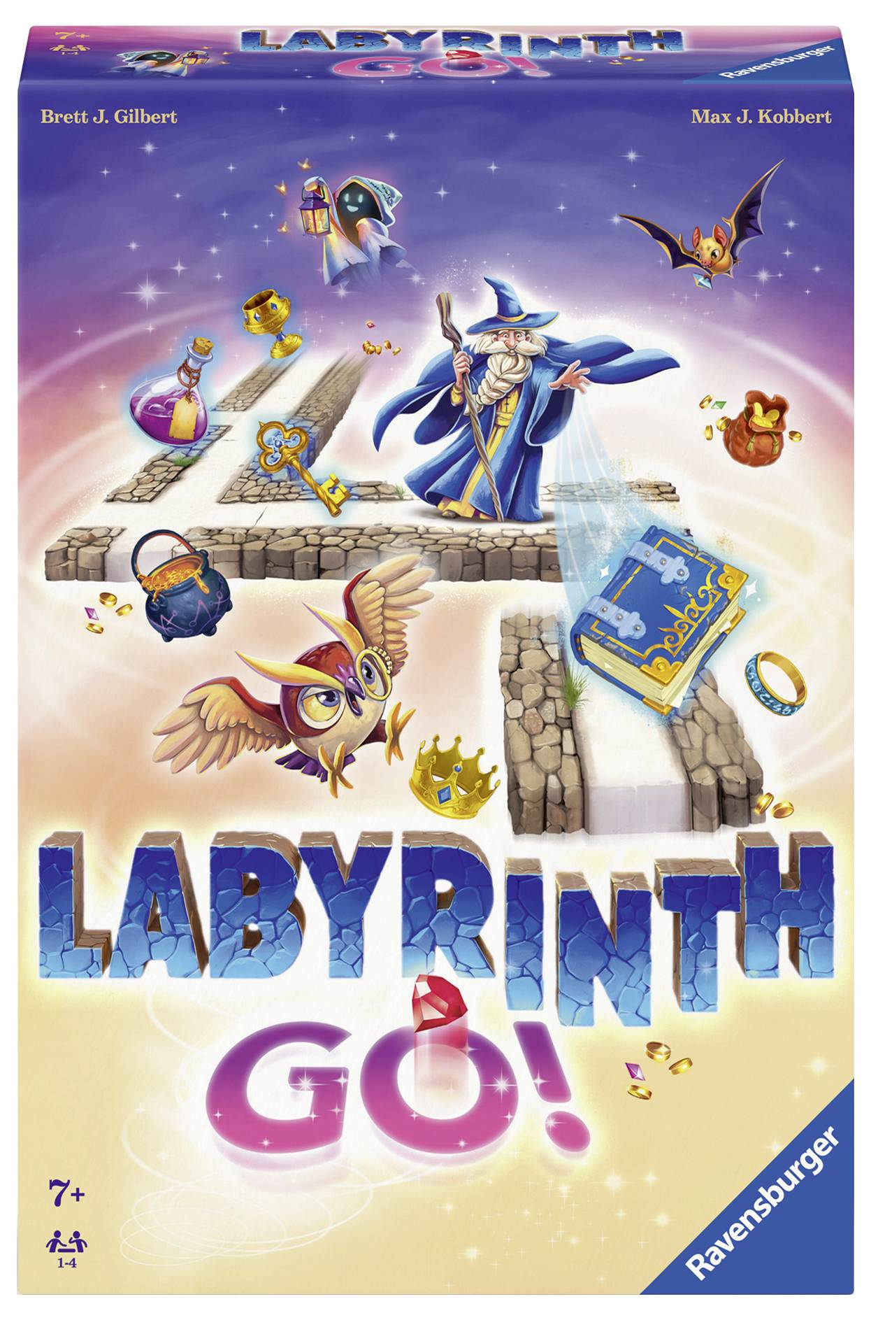Emballage du jeu 'Labyrinthe Go!' montrant un magicien et des objets volants au-dessus d'un chemin labyrinthique. Logo Ravensburger en bas à droite.