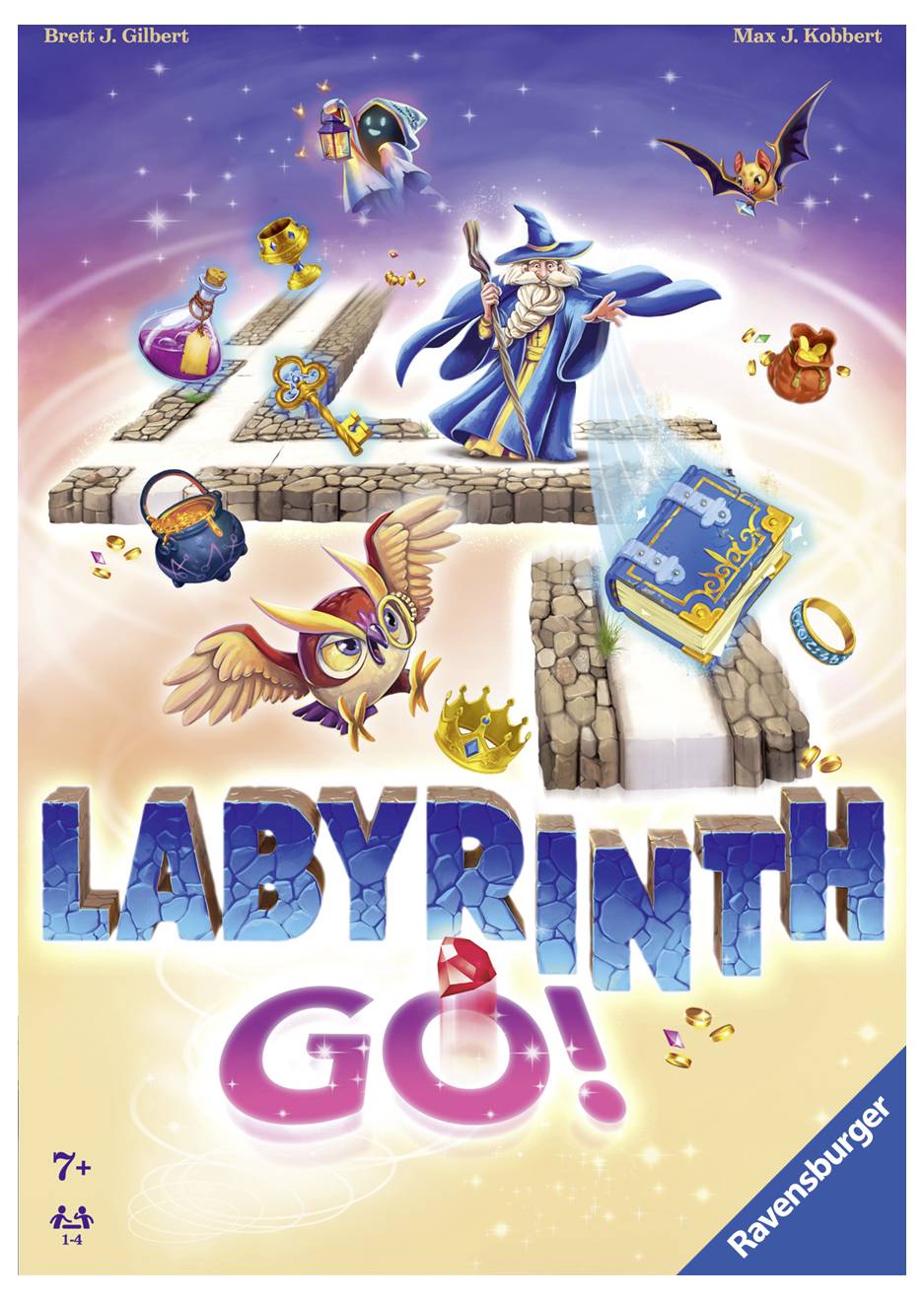 L'image montre la couverture du jeu de plateau 'Labyrinth Go!'. Un magicien et des hiboux survolent un chemin semblable à un labyrinthe.