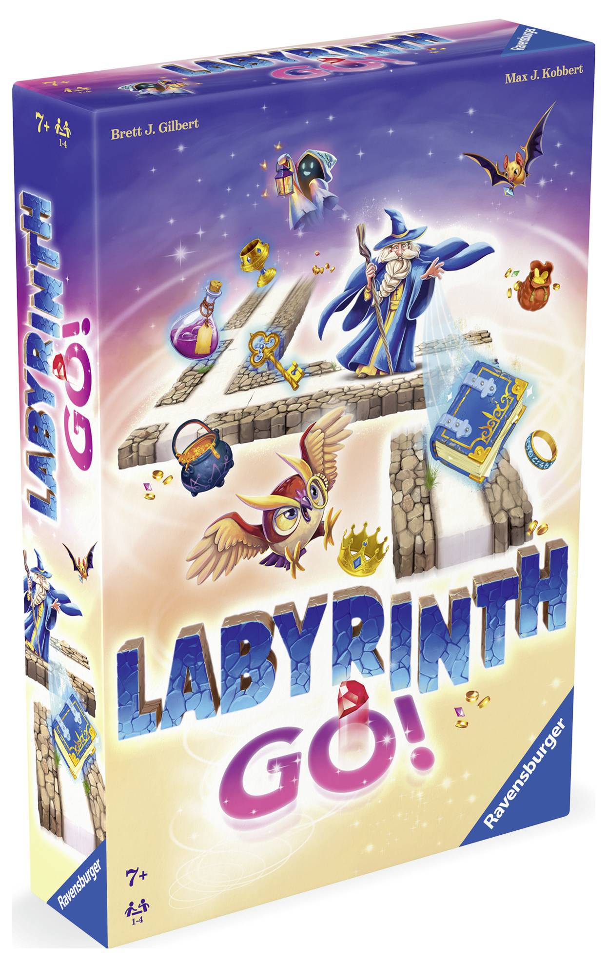 Boîte de jeu de société intitulée 'Labyrinth GO !', représentant un magicien, une chouette et un labyrinthe. À partir de 7 ans, édition Ravensburger.