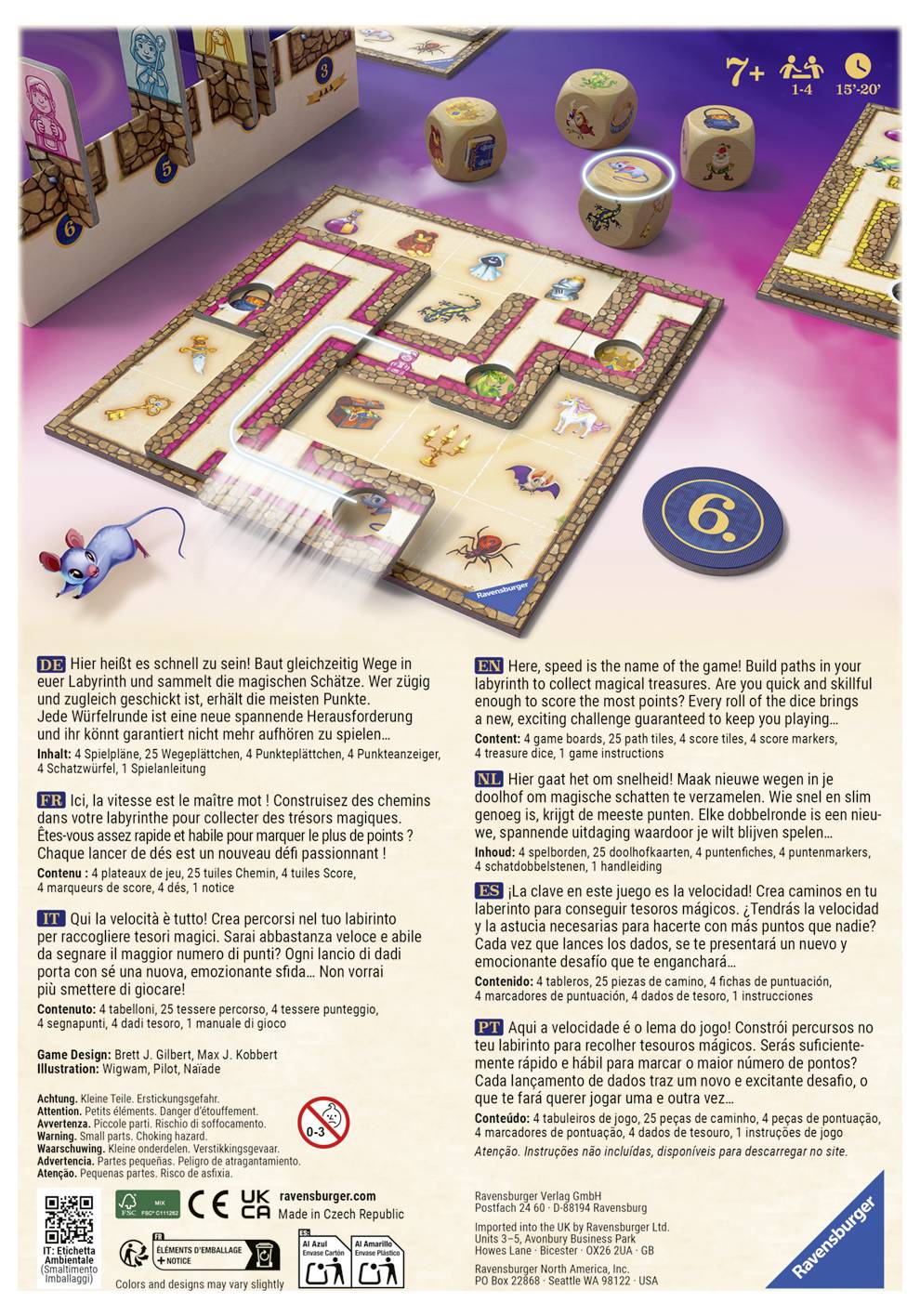 Règles du jeu 'Magic Maze Kids'. Montrer la disposition du plateau de jeu avec les dés et le matériel de jeu. Décrire les règles du jeu dans différentes langues. Convient à 1-4 joueurs à partir de 7 ans. Durée : 15-25 minutes.