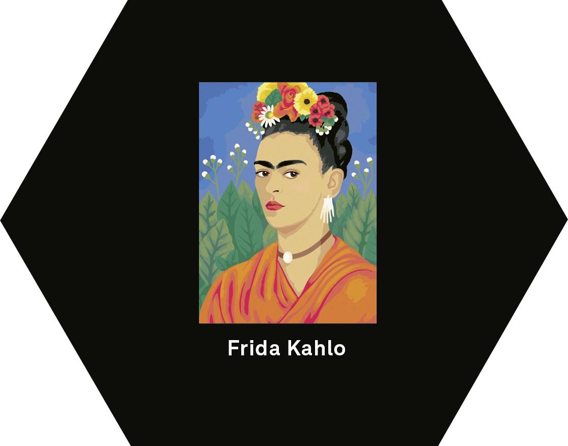 Portrait d'une femme avec une couronne de fleurs dans les cheveux devant un fond bleu et vert. Sous-titre : 'Frida Kahlo'.