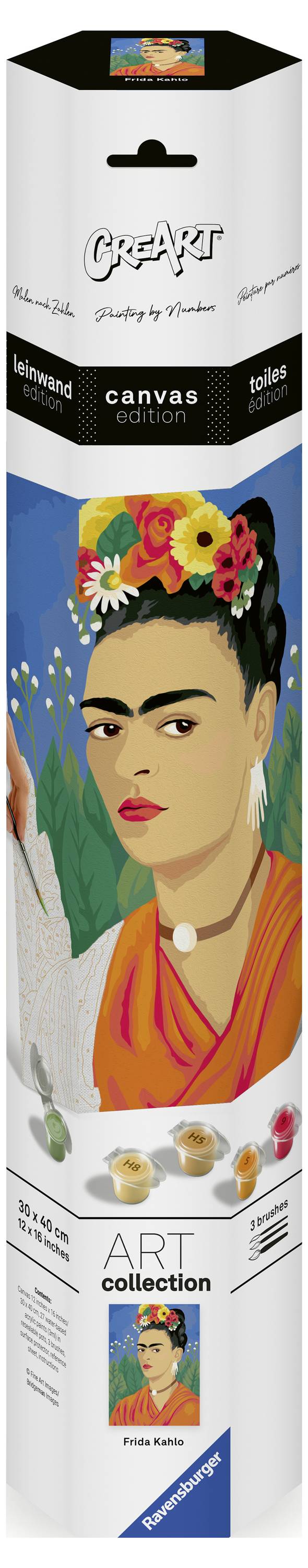 Emballage d'un ensemble de toile représentant le portrait d'une femme aux fleurs dans les cheveux et portant des bijoux voyants. Marque 'CreArt'.
