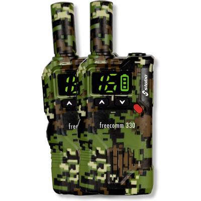 Deux talkies-walkies camouflés avec affichage numérique et boîtier noir, adaptés à la communication en extérieur.