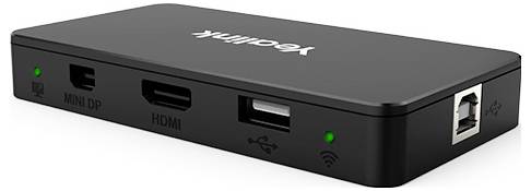 Adaptateur 'Yealink' avec des ports étiquetés Mini DP, HDMI, USB et prise réseau, positionné sur une surface blanche avec des voyants verts.