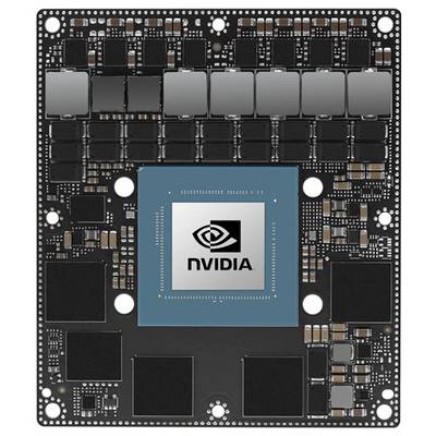 Micro-puce avec le logo 'NVIDIA' bien en évidence au centre. Circuits et composants environnants disposés de manière symétrique.