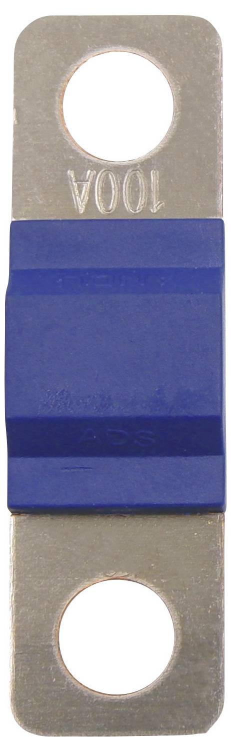 Un fusible électrique bleu avec des extrémités en métal, conçu pour une installation facile, portant la mention '100A'.