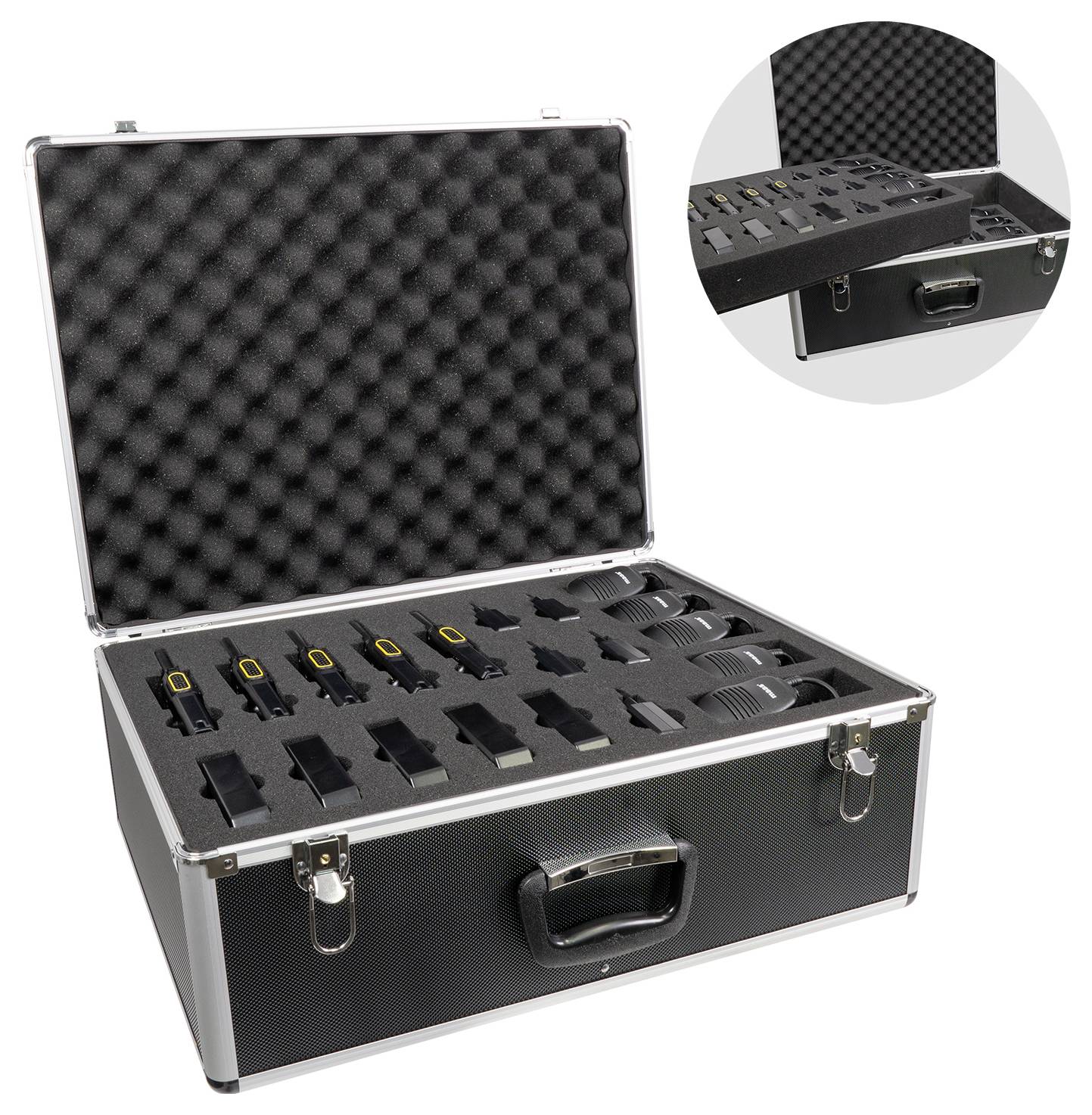Valise noire ouverte avec doublure intérieure en mousse, contenant divers appareils électroniques et accessoires, adaptée au transport et à la protection.
