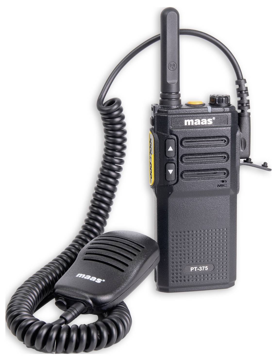 Un talkie-walkie portable avec antenne et microphone en noir, modèle 'PT-375'. Adapté pour des applications de communication.