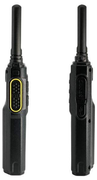 Deux radios portatives noires avec antennes, vues de face et de côté, montrant le clavier et les inscriptions.