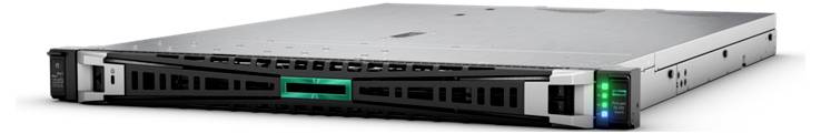 Un serveur argenté de conception rack avec façade noire et voyants lumineux verts, adapté aux environnements de centres de données.