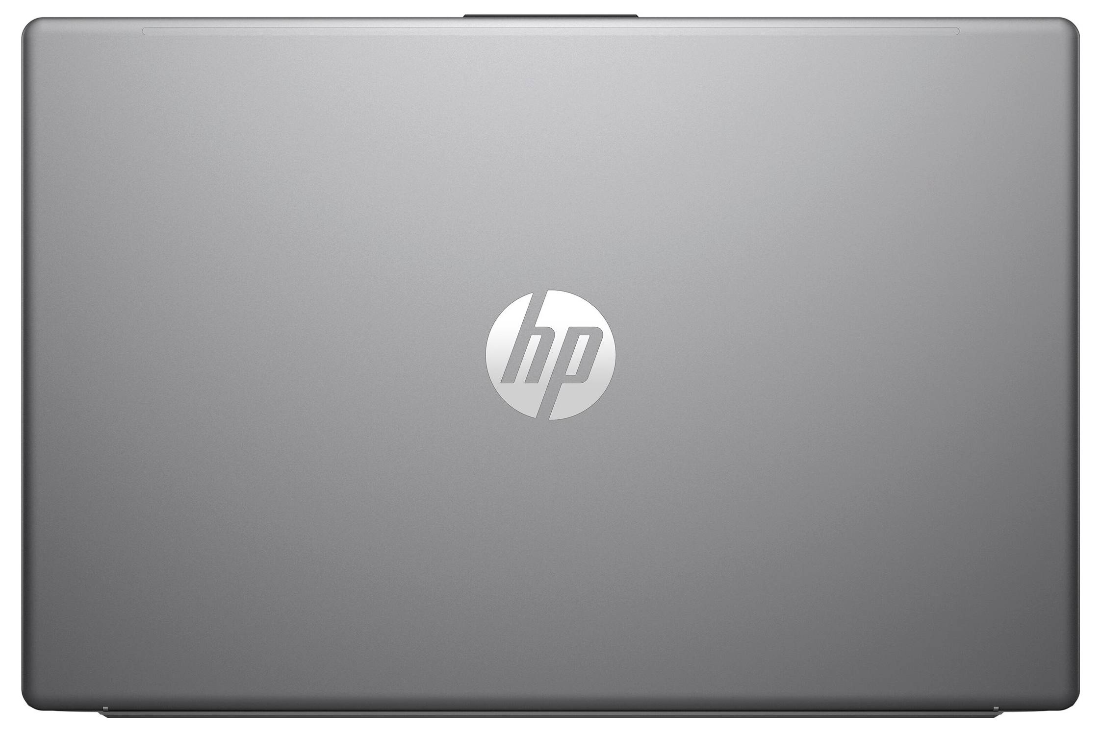 Un couvercle d'ordinateur portable argenté avec le logo HP au centre.