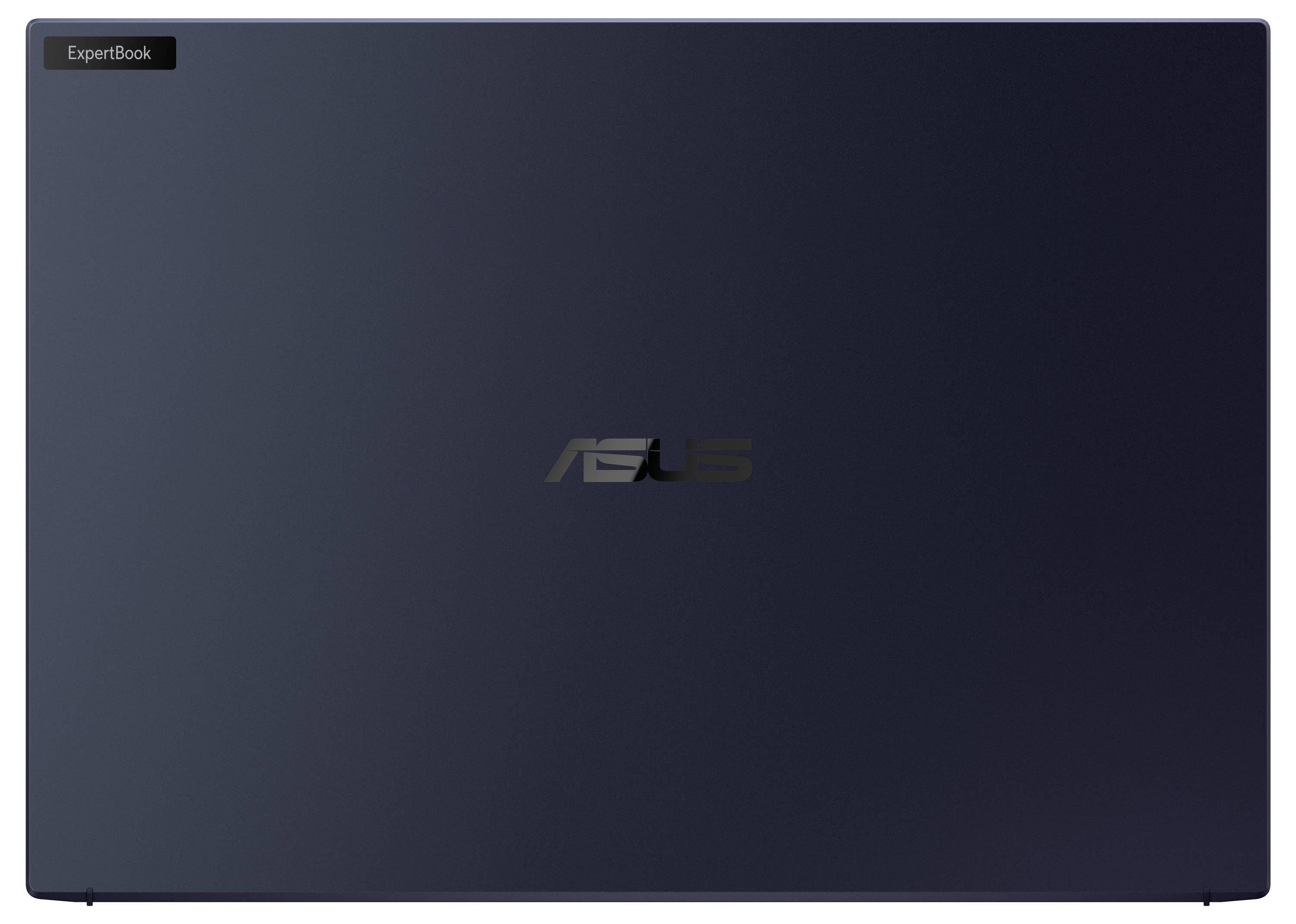 Un ordinateur portable ASUS ExpertBook fermé de couleur sombre, vu de dessus.