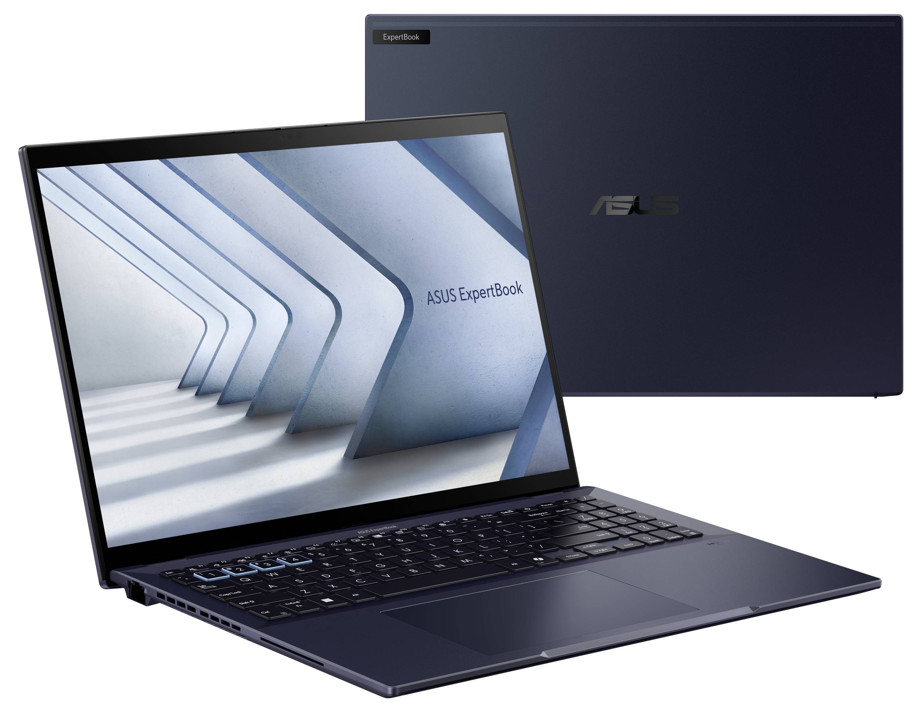 Ordinateur portable ASUS ExpertBook, ouvert et fermé. Design fin et élégant, couleur sombre, l'écran affiche des structures architecturales.