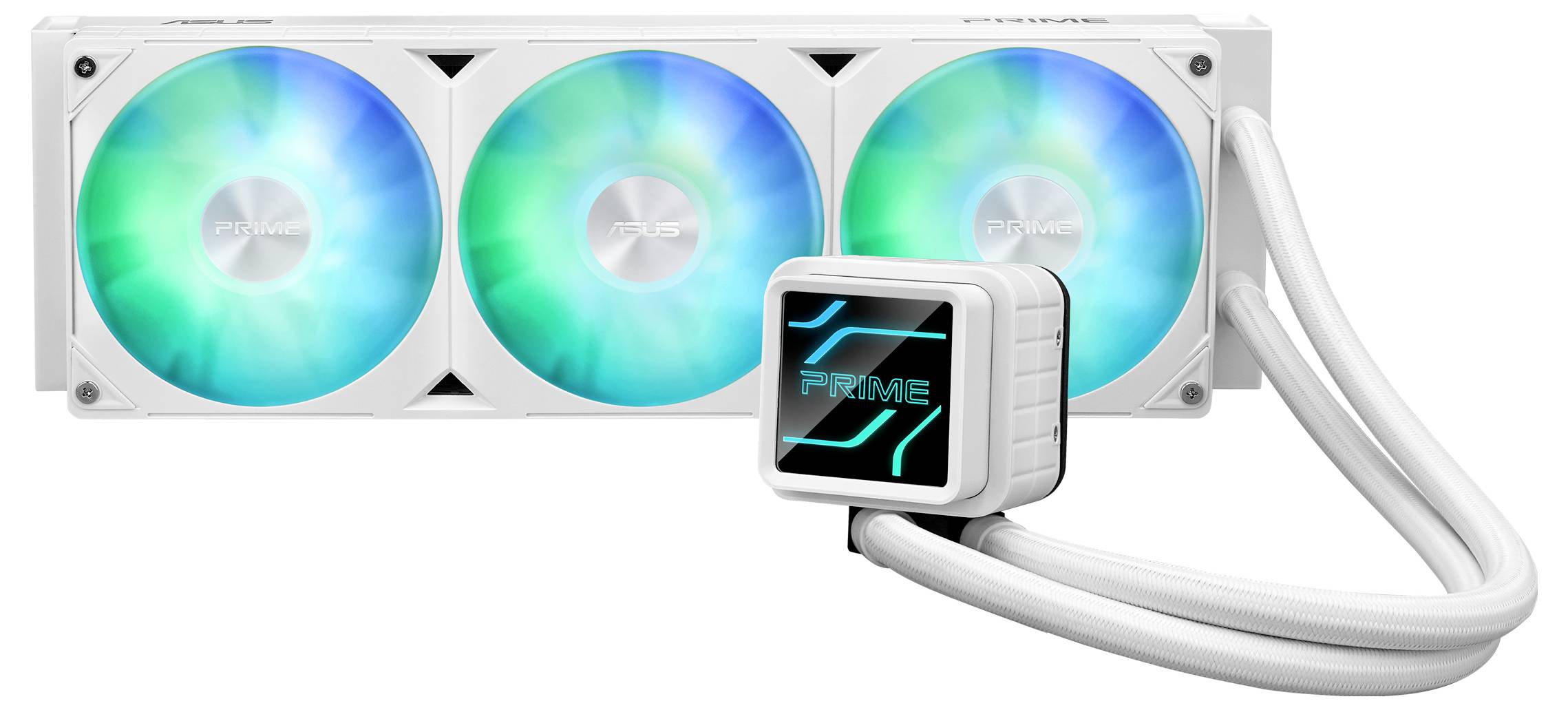 Refroidissement liquide blanc pour PC avec trois ventilateurs lumineux et une pompe portant l'inscription 'Prime'.