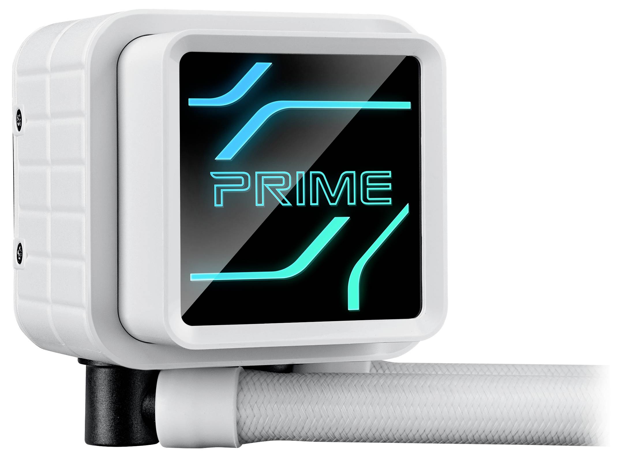 Affichage LED blanc avec des lignes bleues et l'inscription 'PRIME', monté sur un boîtier blanc avec un câble connecté.