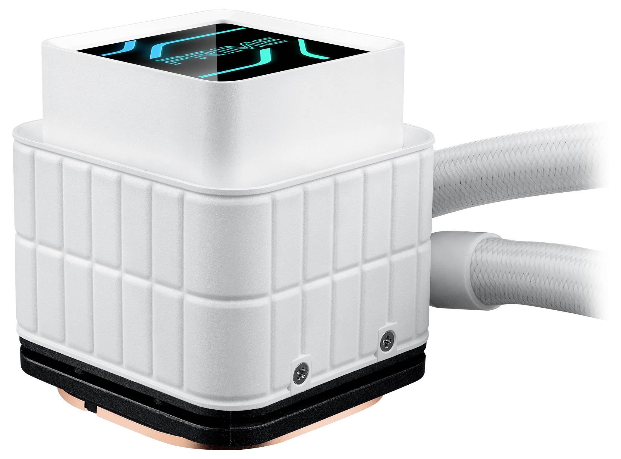 Unité de refroidissement de CPU blanche avec partie supérieure noire et logo bleu. Tuyaux blancs connectés pour système de refroidissement liquide.