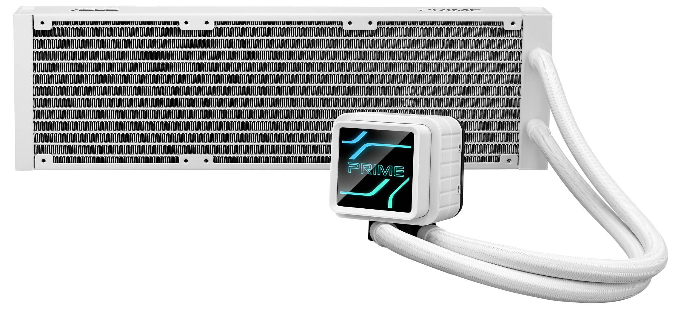 Refroidisseur liquide CPU blanc avec radiateur rectangulaire et bloc de pompe éclairé. Le mot 'PRIME' est visible sur le bloc.