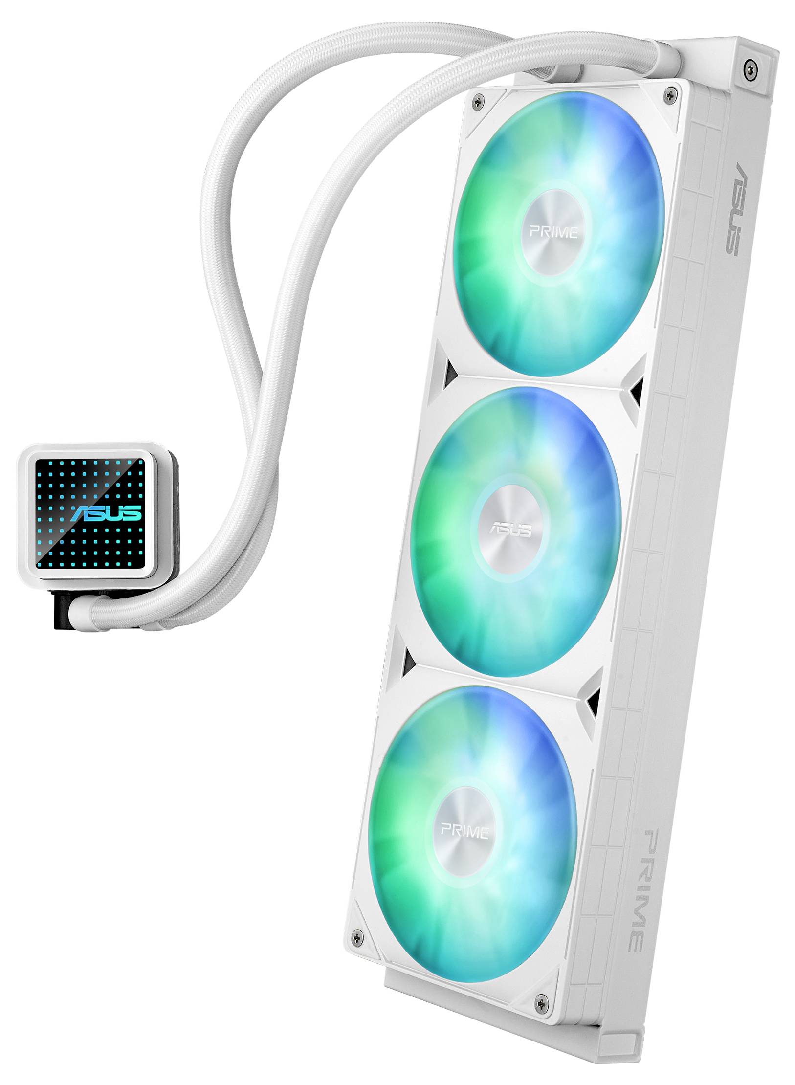 Dissipateur thermique blanc ASUS Prime avec trois ventilateurs éclairés, émettant des lumières bleues et vertes. Des tubes mènent à une pompe carrée.