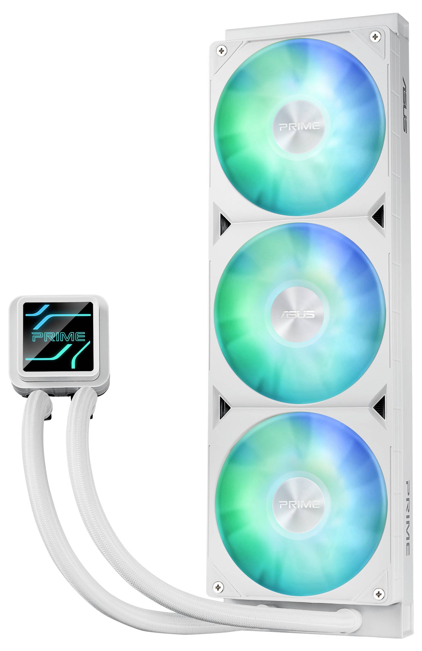 Trois ventilateurs d'ordinateur illuminés avec un dégradé bleu-vert dans un boîtier blanc. À côté se trouvent deux tuyaux blancs.