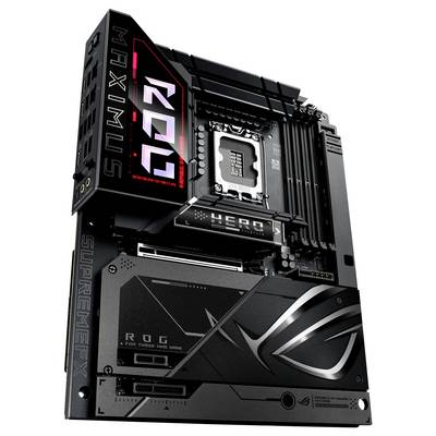 Carte mère avec dissipateurs thermiques noirs et éclairage RVB, modèle 'ROG Maximus Z690 Hero', pour PC gaming. Socket processeur et emplacements RAM visibles.