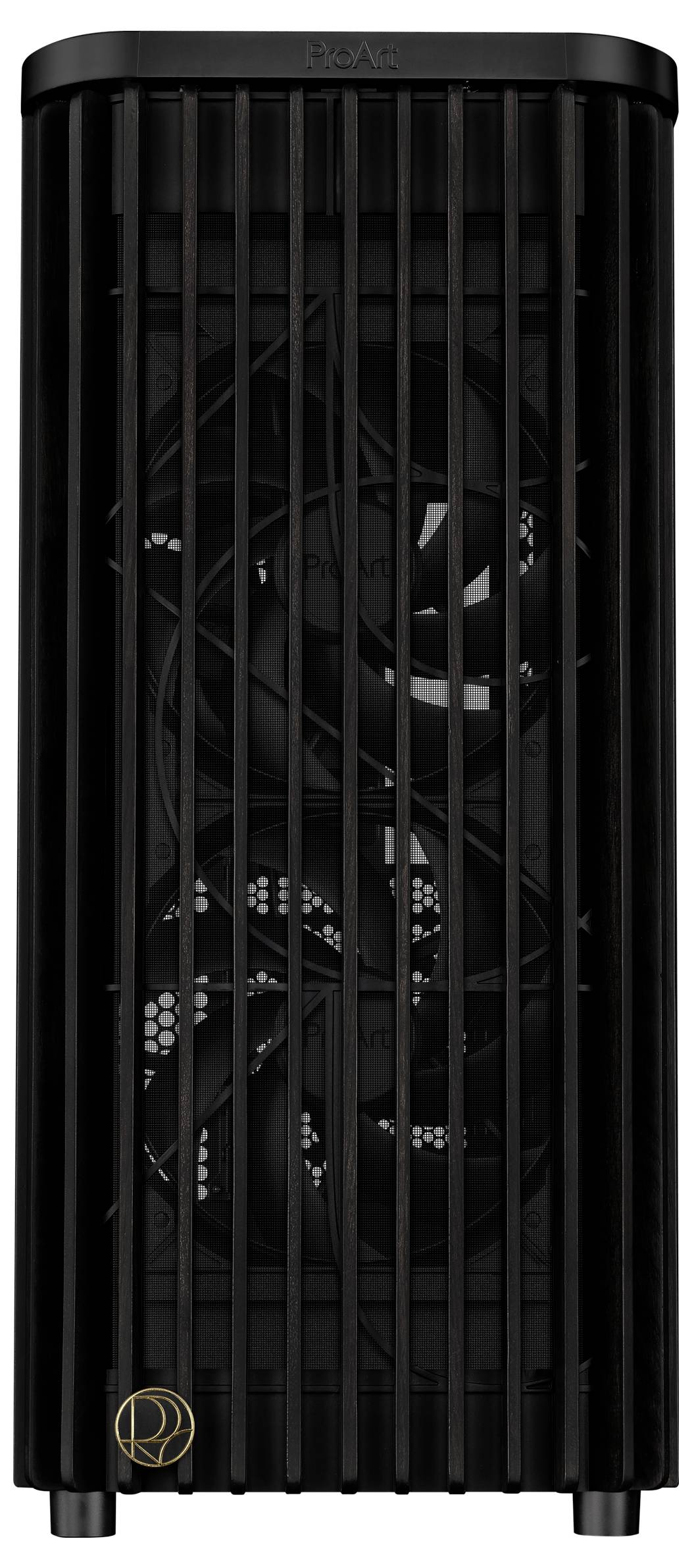 Boîtier d'ordinateur noir avec des barres de grille verticales, deux ventilateurs visibles à l'intérieur.