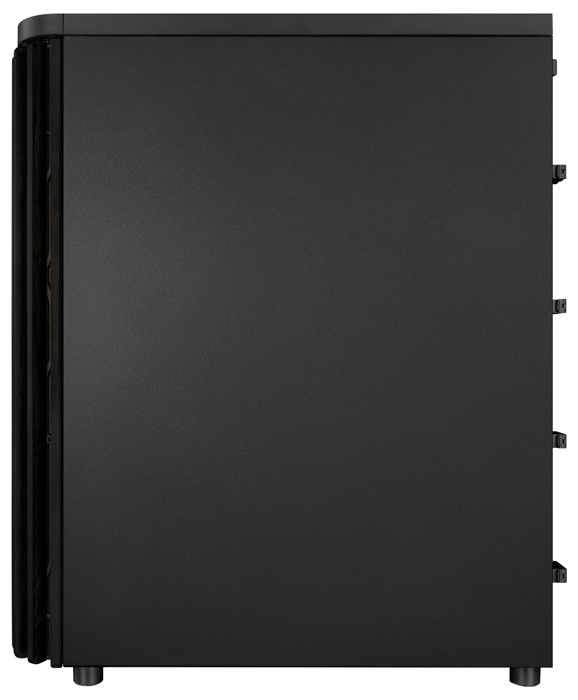 Un boîtier d'ordinateur noir, vu de côté, présente une construction de panneau solide et fermée sans détails ou logos visibles.