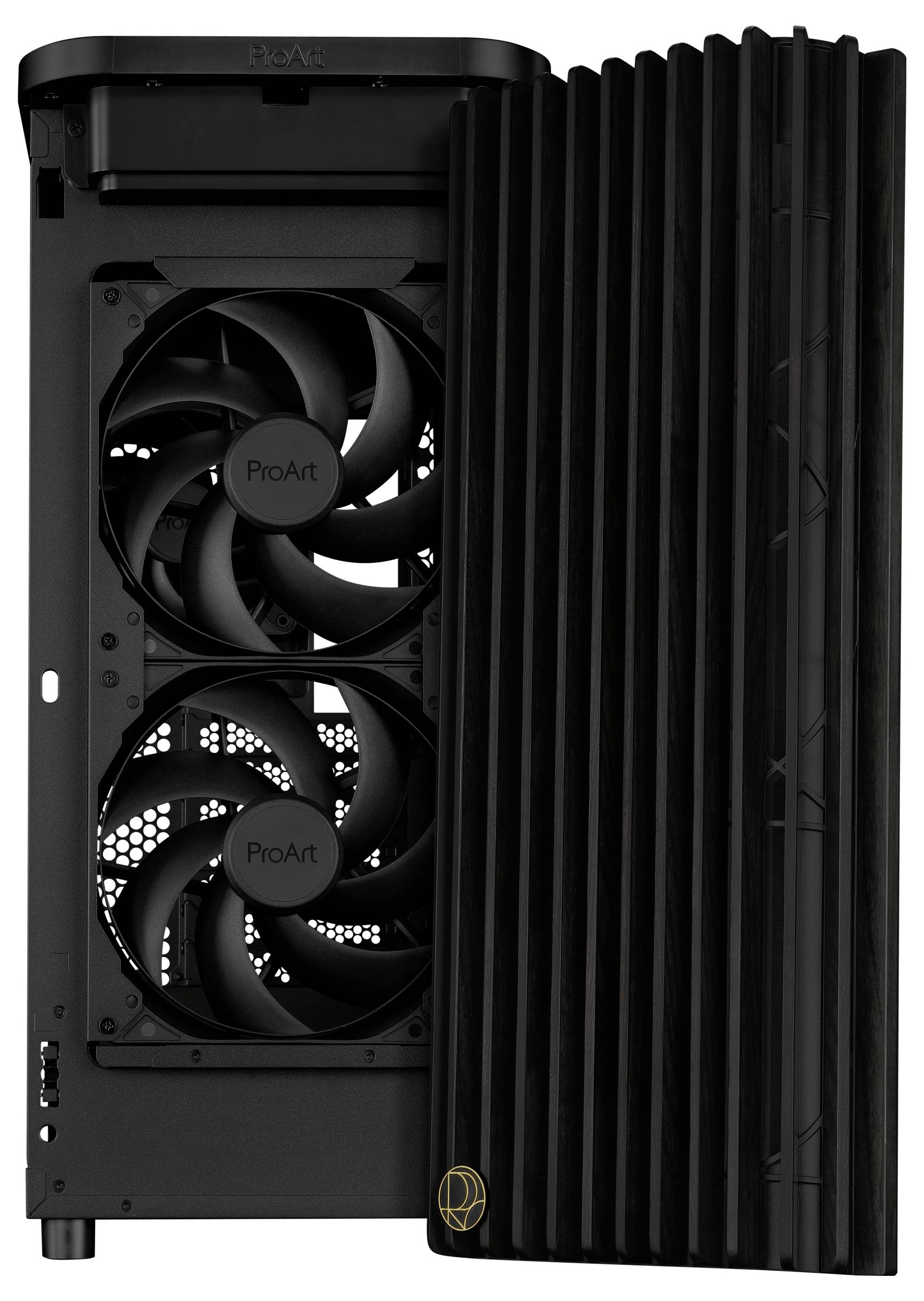 Boîtier d'ordinateur noir avec façade avant ouverte, montrant deux ventilateurs portant l'inscription 'ProArt'.