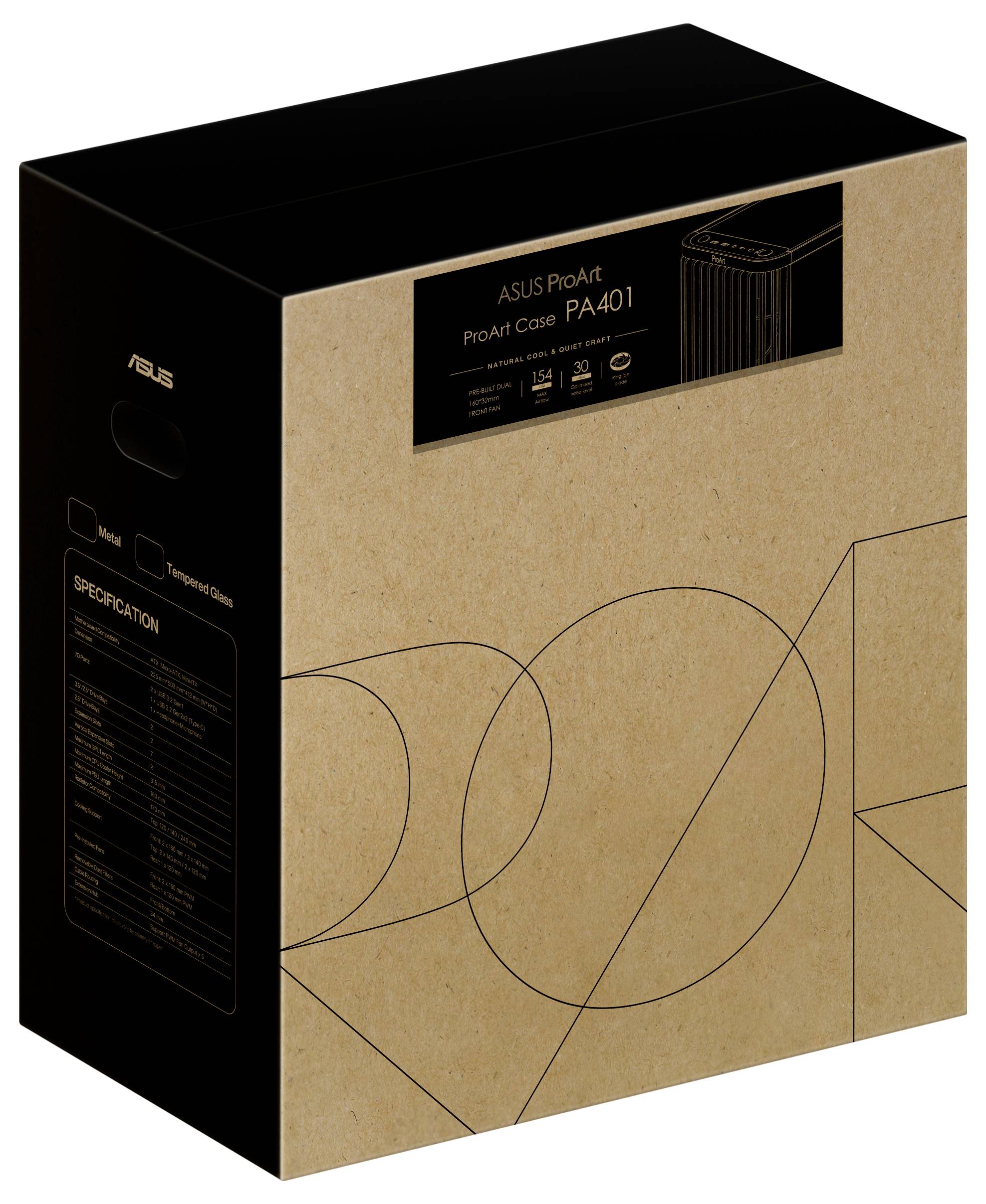 Un carton portant l'inscription 'ASUS ProArt Case PA401' et des spécifications techniques sur le côté. Contient un boîtier d'ordinateur.