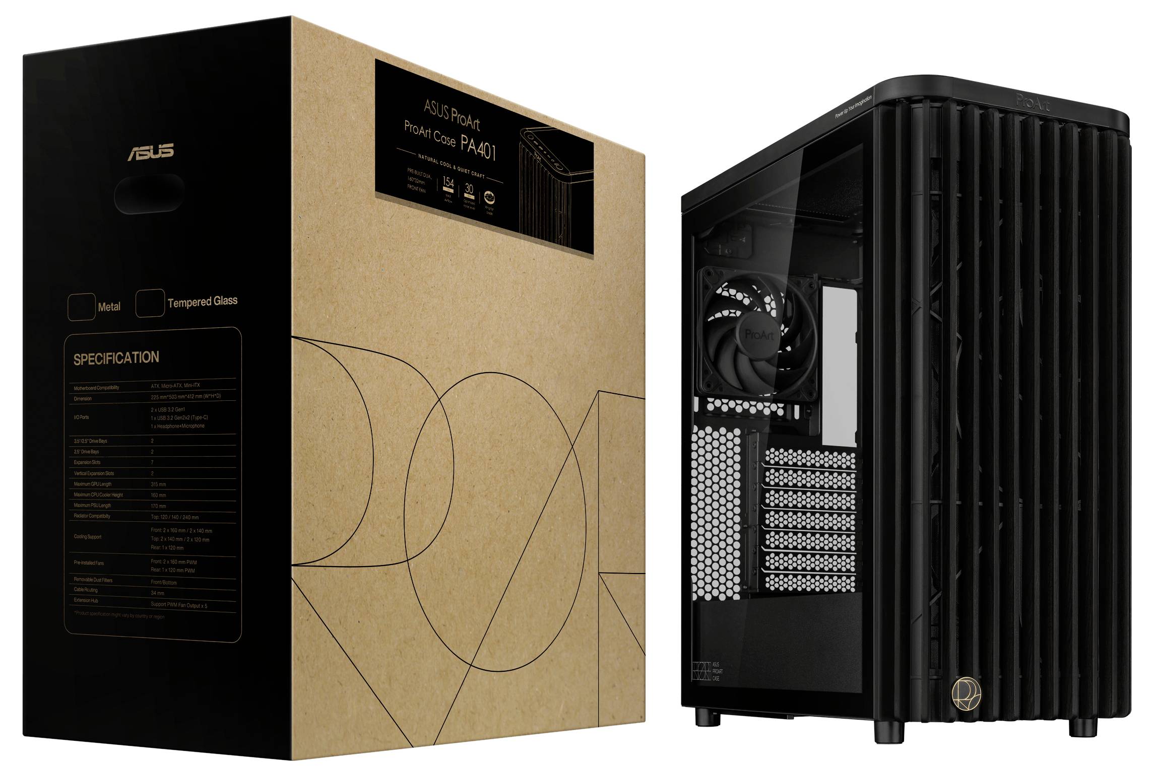 Un boîtier d'ordinateur et sa boîte. Le boîtier est noir avec un ventilateur à l'arrière. La boîte affiche les spécifications.