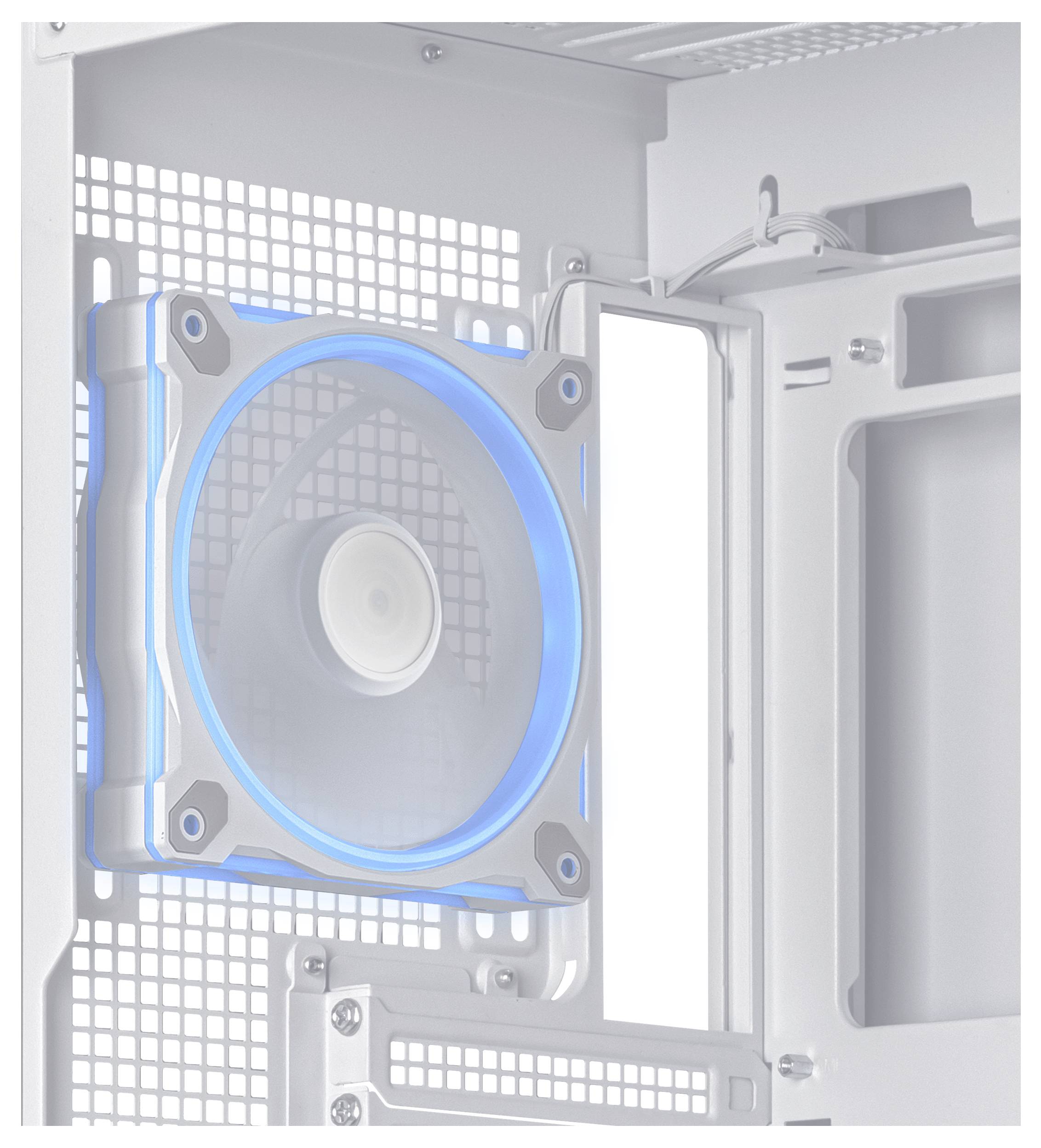 Un ventilateur lumineux bleu est monté dans un boîtier d'ordinateur. Le ventilateur assure la ventilation et le refroidissement des composants informatiques.