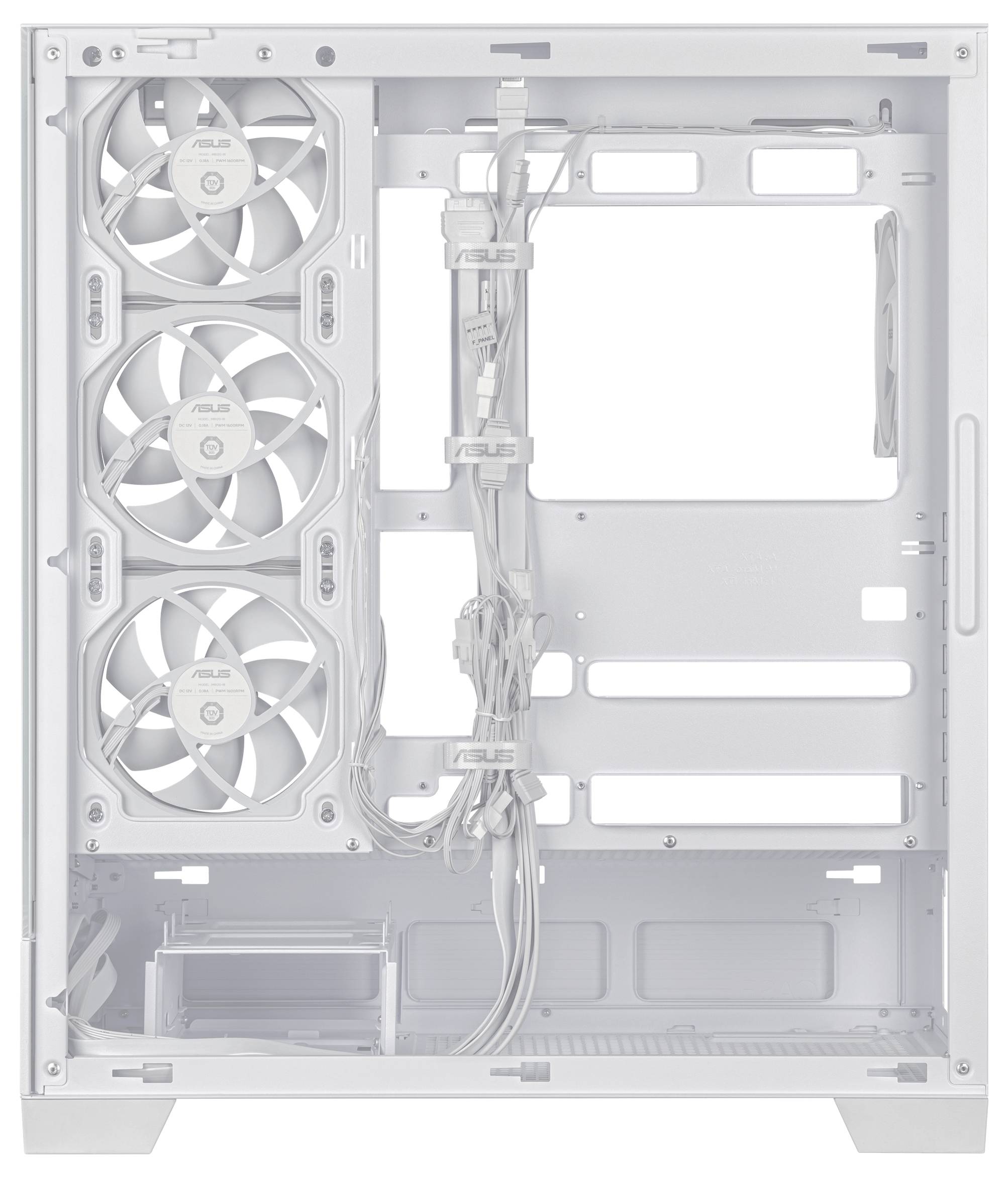Boîtier PC blanc ouvert avec trois ventilateurs intégrés et gestion des câbles. Aucune carte mère ou autre matériel informatique installé.