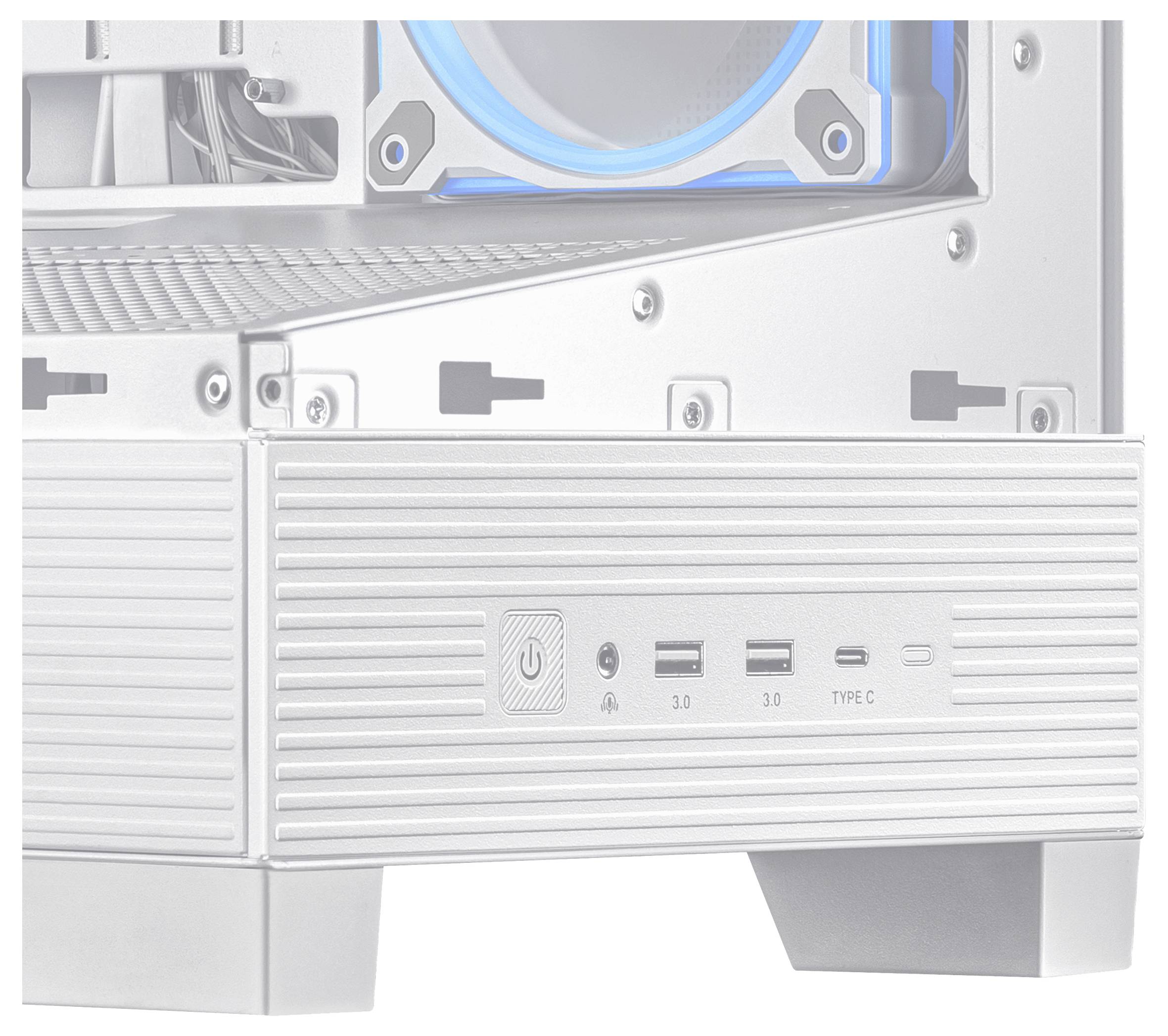 Gros plan sur un boîtier d'ordinateur mettant en valeur les ports USB, l'interrupteur marche/arrêt et les grilles de ventilation.