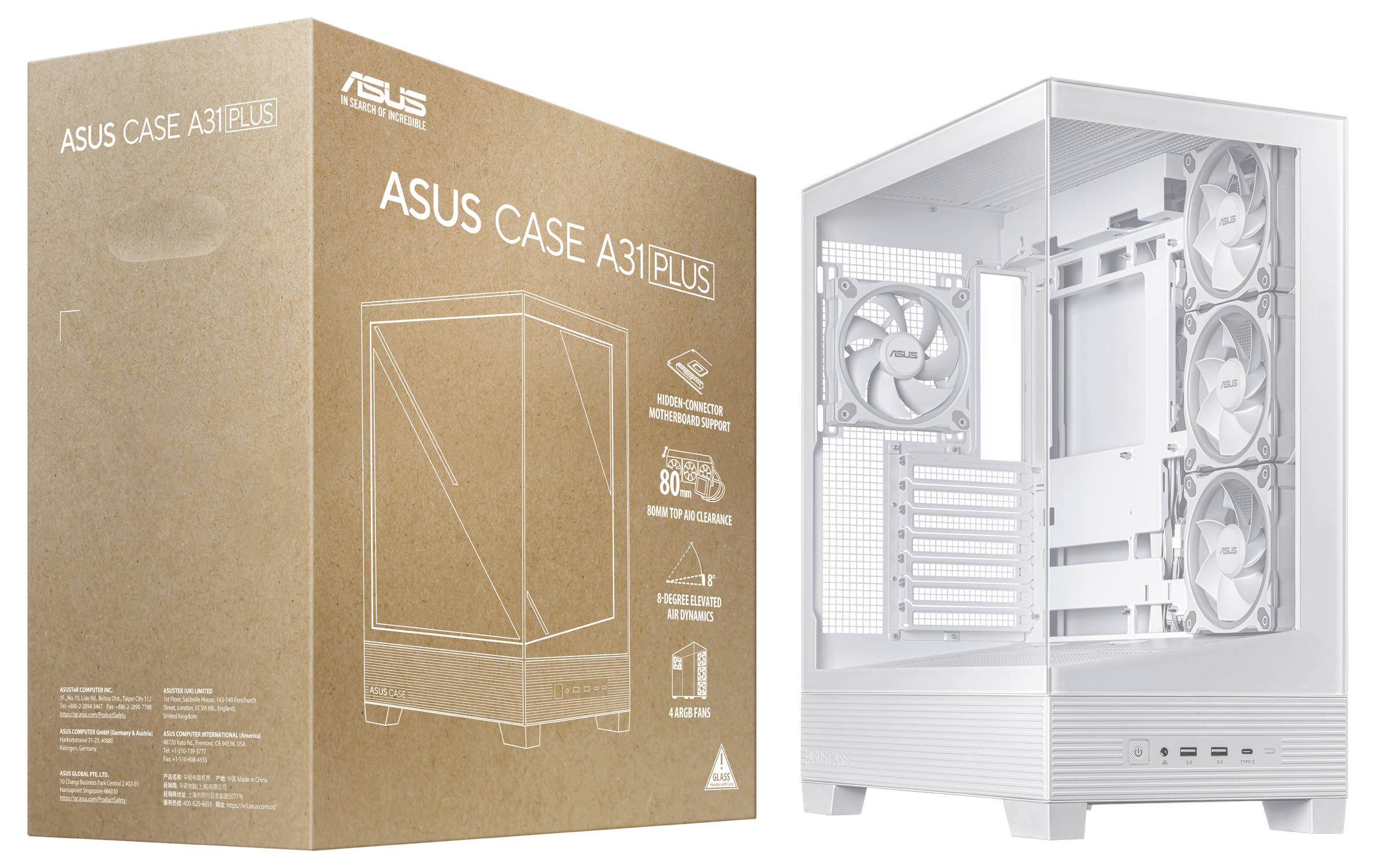 Boîtier ASUS Case A31 Plus en blanc et carton brun visible ; le boîtier comprend trois ventilateurs et convient aux PC.
