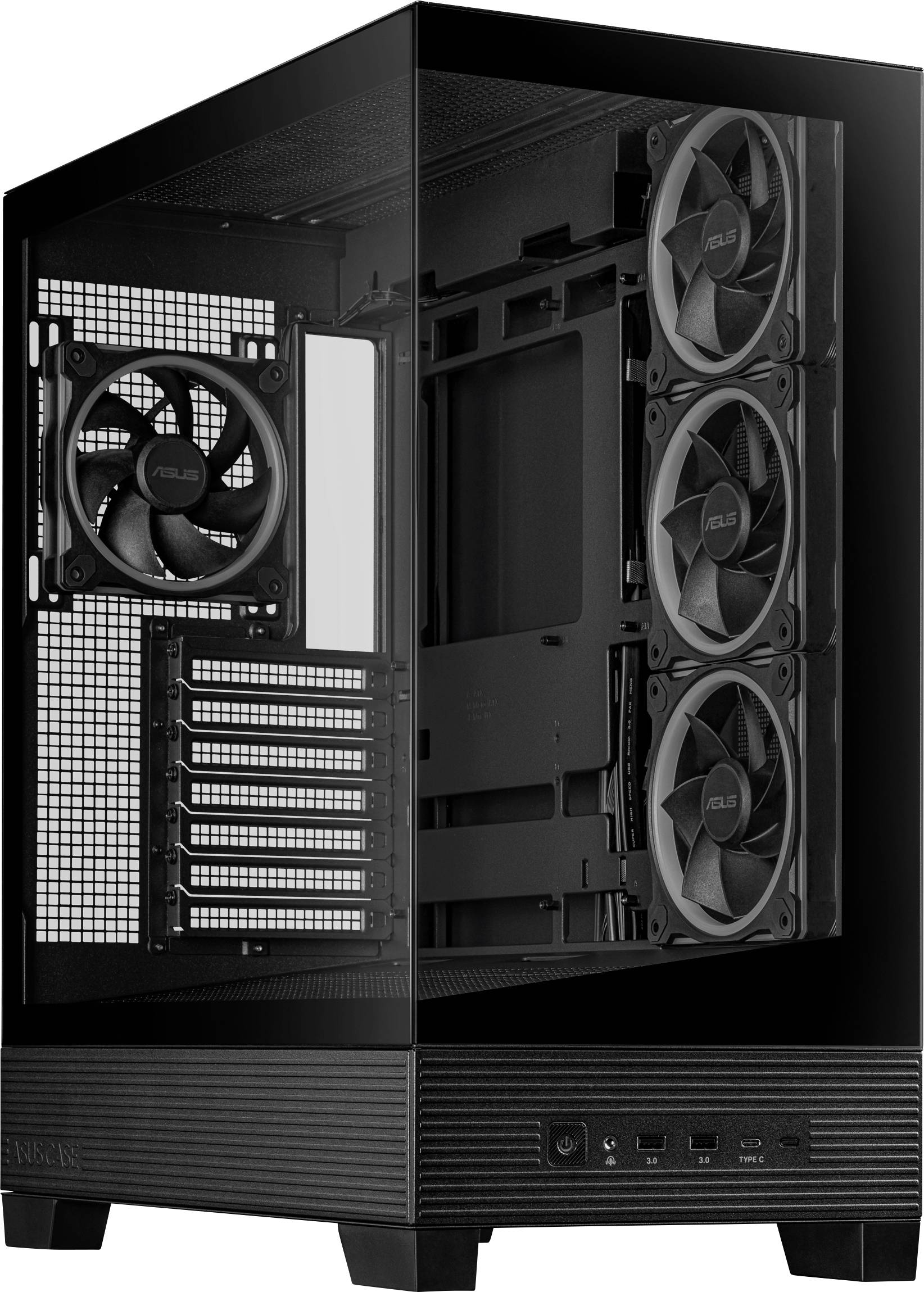 Boîtier d'ordinateur noir avec côté transparent montrant quatre ventilateurs intégrés et divers ports à l'avant. Idéal pour les PC de gaming.