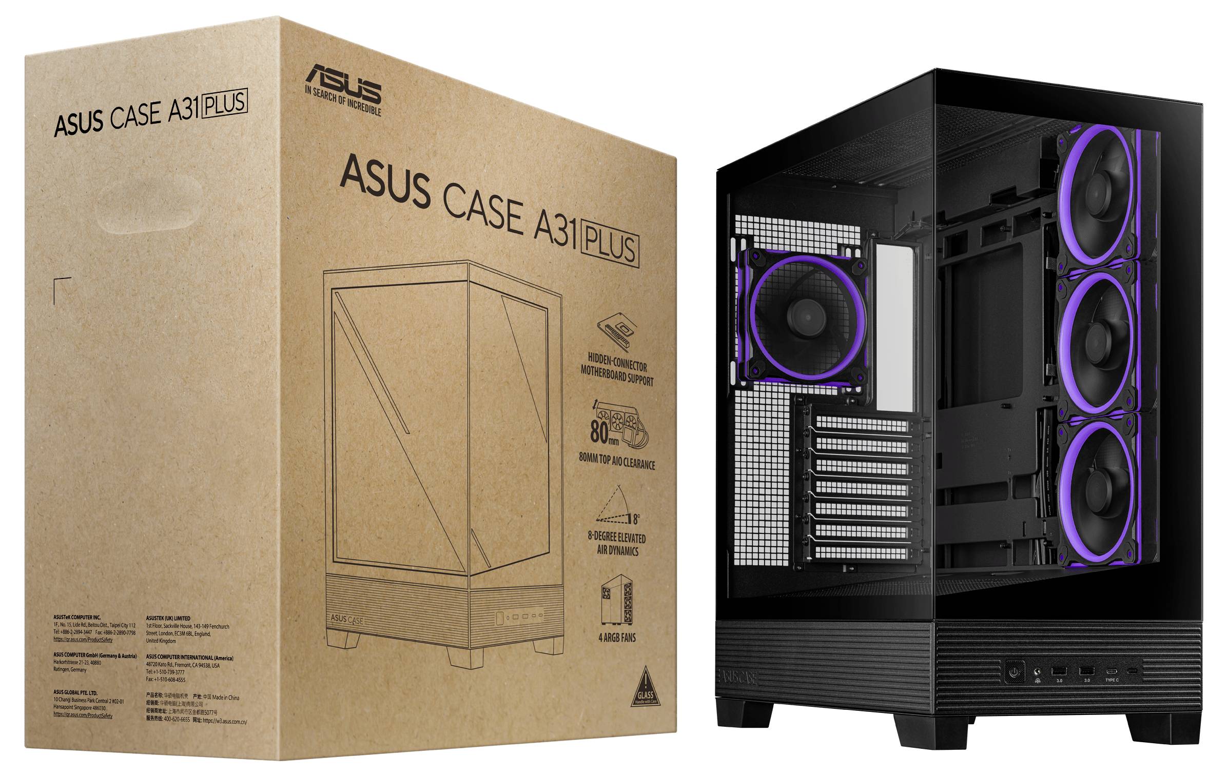Boîtier ASUS A31 Plus. Design noir avec éclairage LED violet, montrant le ventilateur et la configuration intérieure sur la droite. Emballage à gauche.